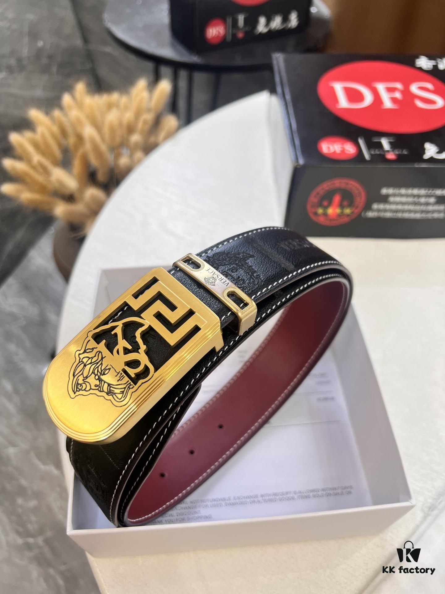 693201b03a89a121ed55076d Versace Medusa Head Belt – Original Factory Direct, Italian Imported Top Grain Calfskin, Wine Red Plain Texture, 3.8cm Width, Authentic NXP Chip Tag