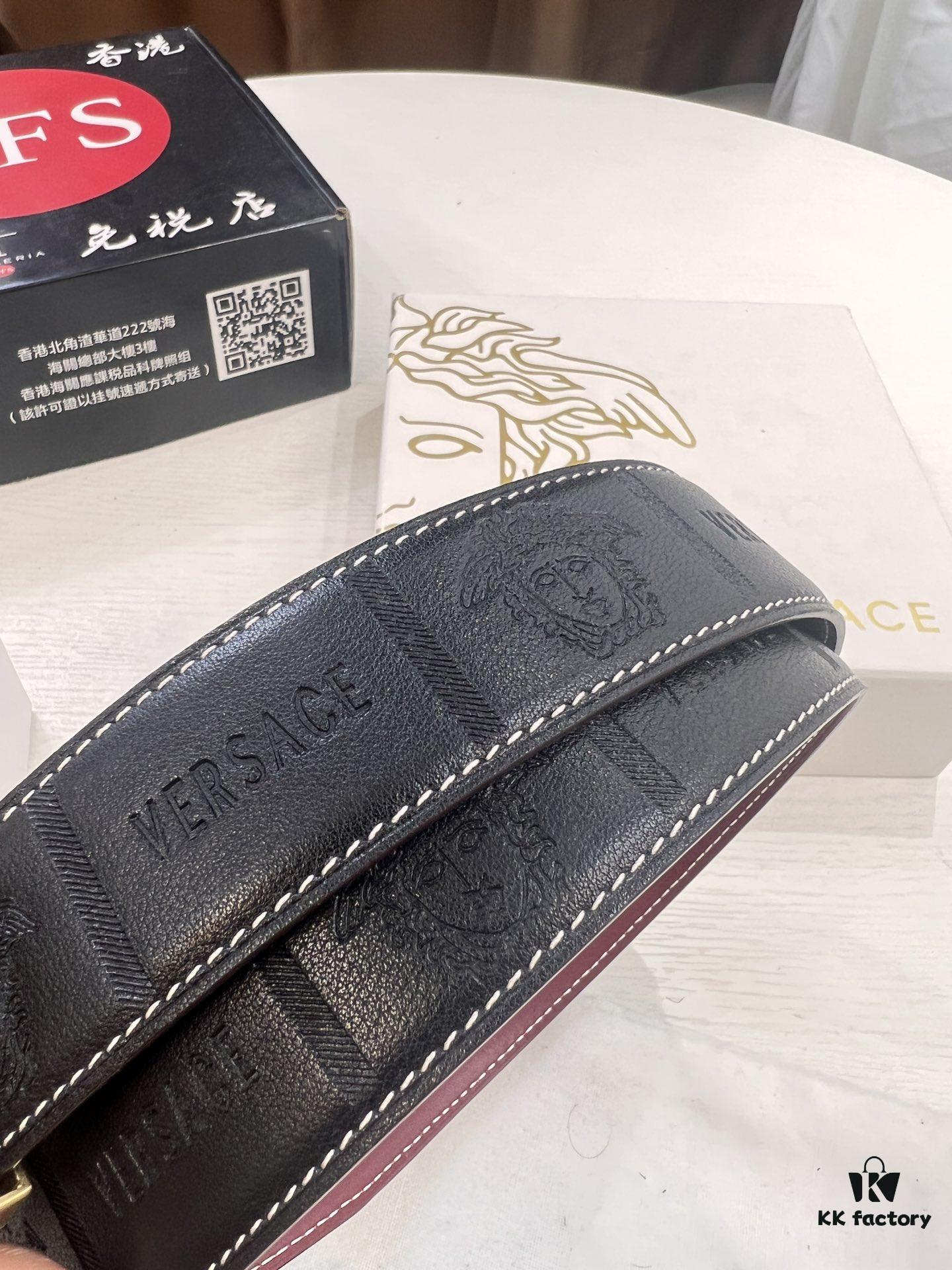 693201b03a89a121ed55076e Versace Medusa Head Belt – Original Factory Direct, Italian Imported Top Grain Calfskin, Wine Red Plain Texture, 3.8cm Width, Authentic NXP Chip Tag
