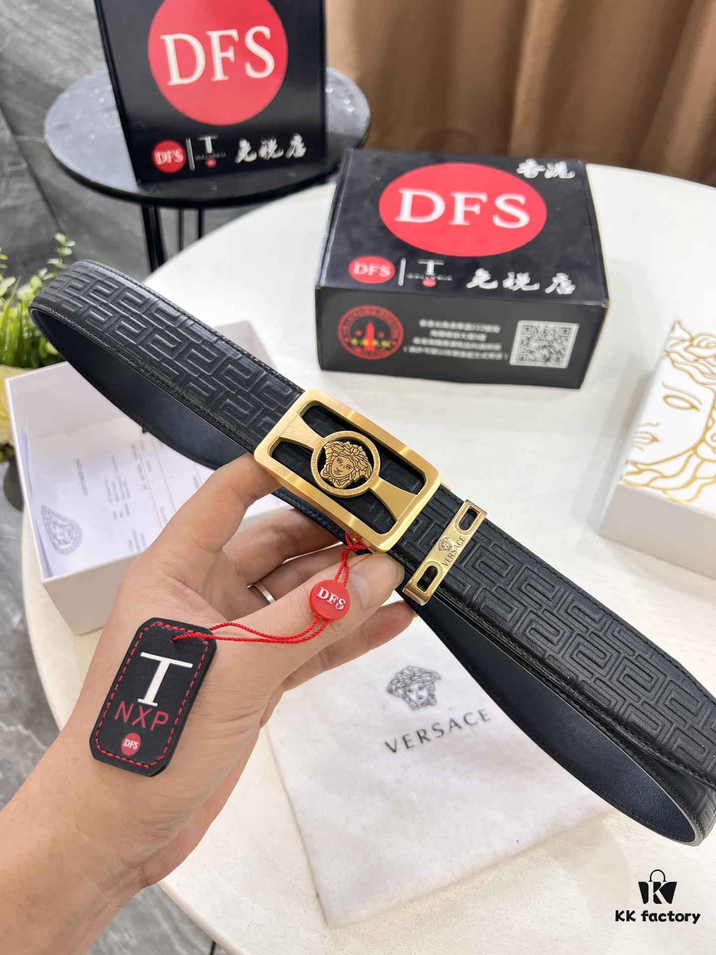 693201b13a89a121ed550778 Versace Automatic Buckle Belt, Custom Embossed Top-Grade Imported Calfskin with Fine Grain, 3.5cm Width, Luxury Business Formal Accessory