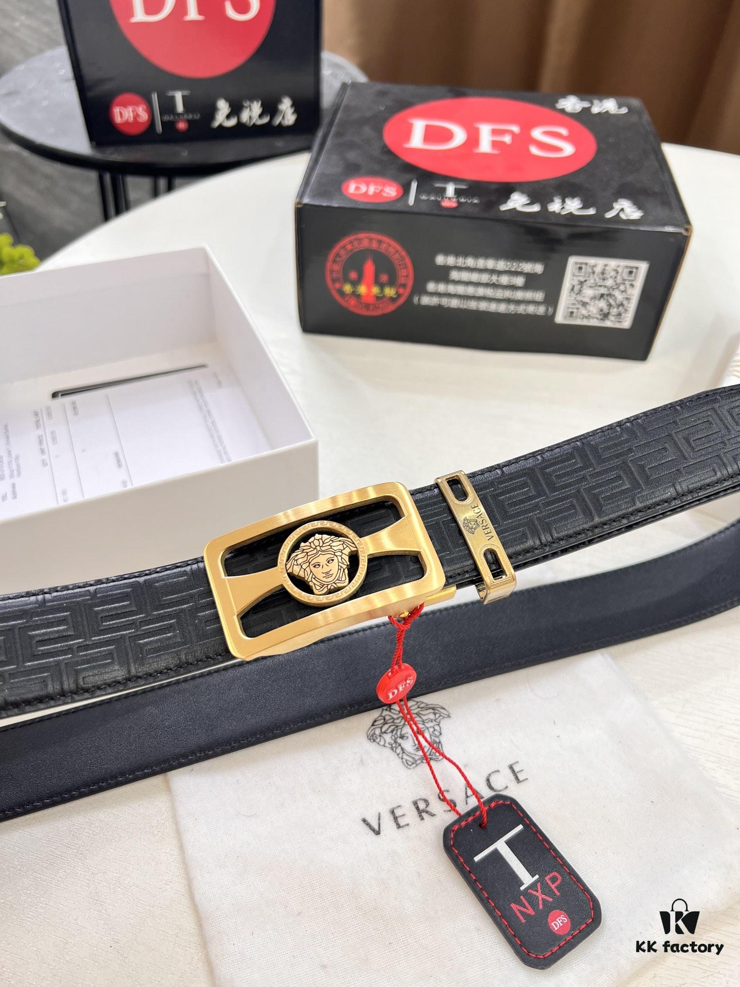 693201b13a89a121ed550779 Versace Automatic Buckle Belt, Custom Embossed Top-Grade Imported Calfskin with Fine Grain, 3.5cm Width, Luxury Business Formal Accessory