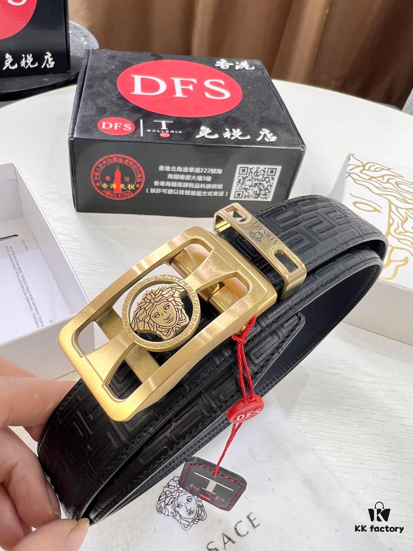 693201b13a89a121ed55077b Versace Automatic Buckle Belt, Custom Embossed Top-Grade Imported Calfskin with Fine Grain, 3.5cm Width, Luxury Business Formal Accessory