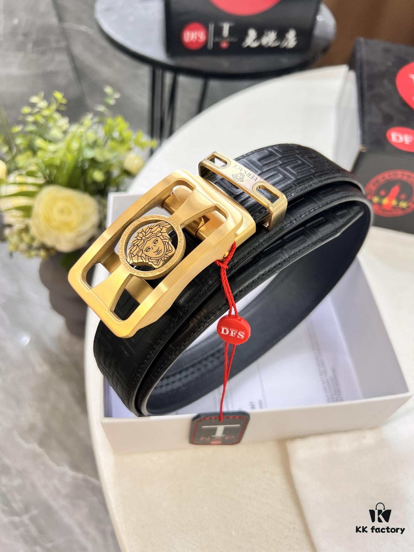 693201b13a89a121ed55077c Versace Automatic Buckle Belt, Custom Embossed Top-Grade Imported Calfskin with Fine Grain, 3.5cm Width, Luxury Business Formal Accessory