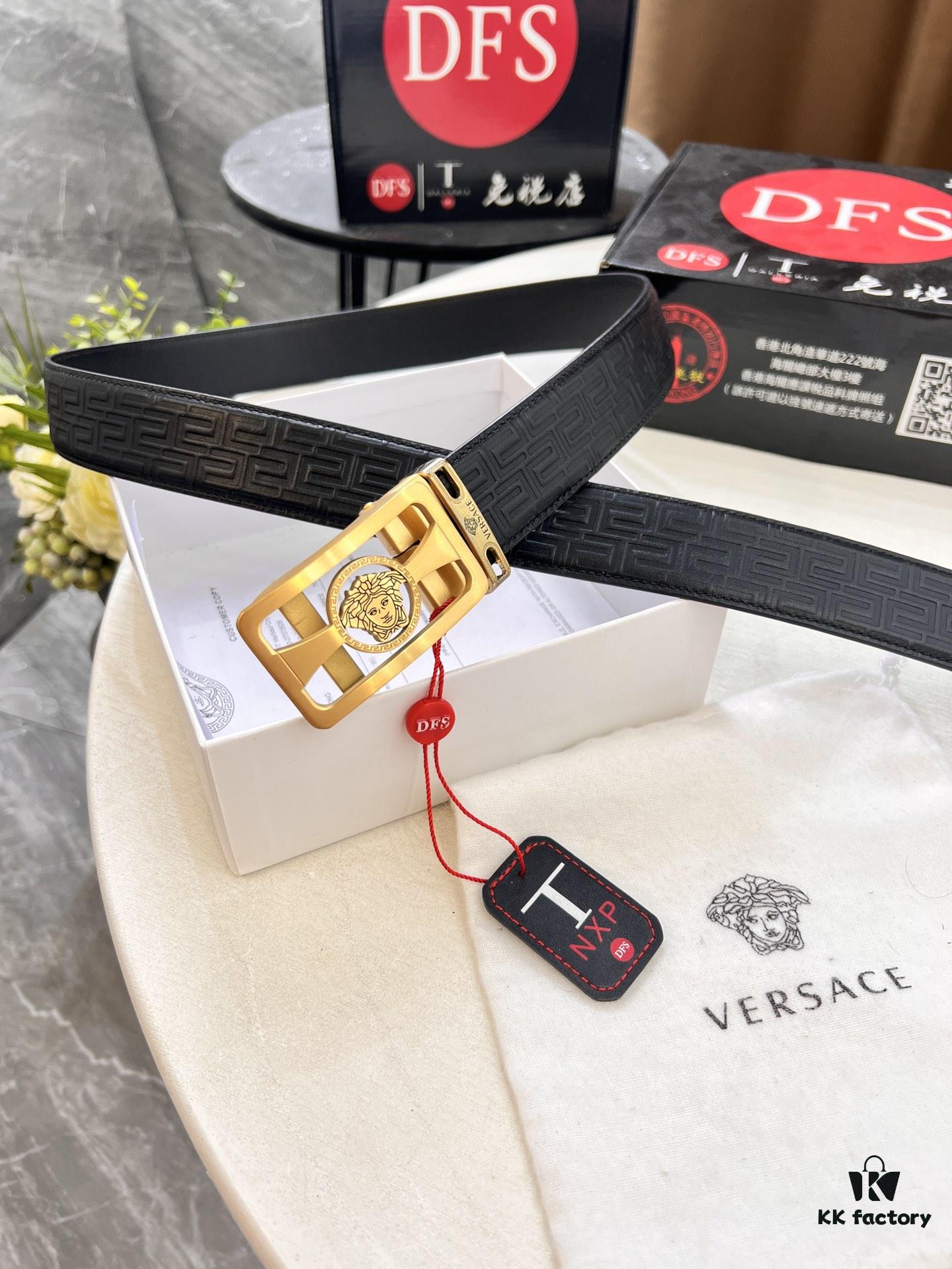 693201b13a89a121ed55077d Versace Automatic Buckle Belt, Custom Embossed Top-Grade Imported Calfskin with Fine Grain, 3.5cm Width, Luxury Business Formal Accessory