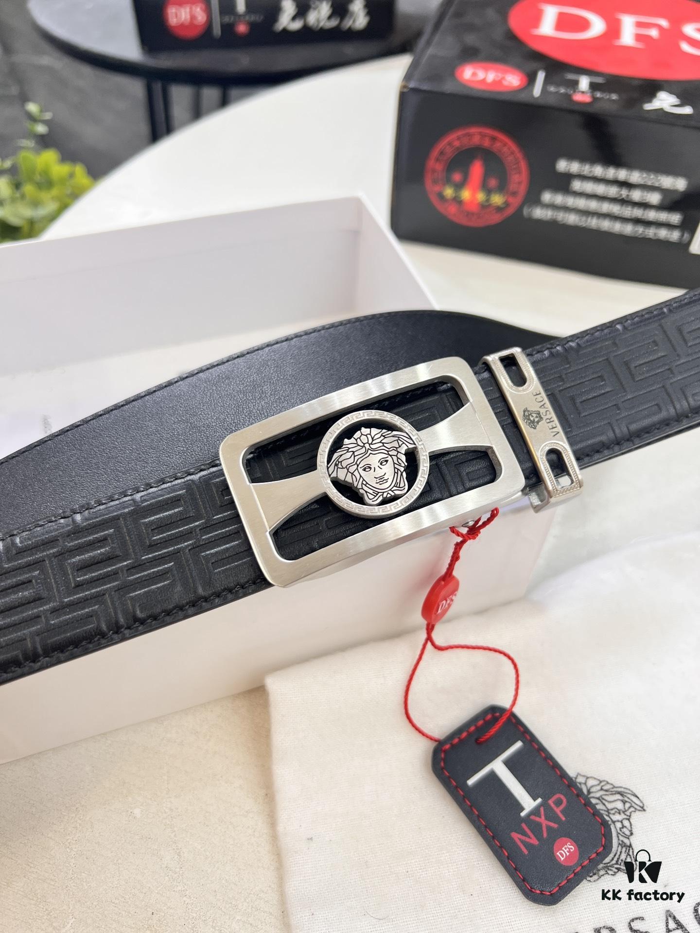 693201b23a89a121ed550780 Versace Automatic Buckle Belt, Custom Embossed Top Grain Imported Leather, Fine Calfskin with Small Texture, 3.5 cm Width
