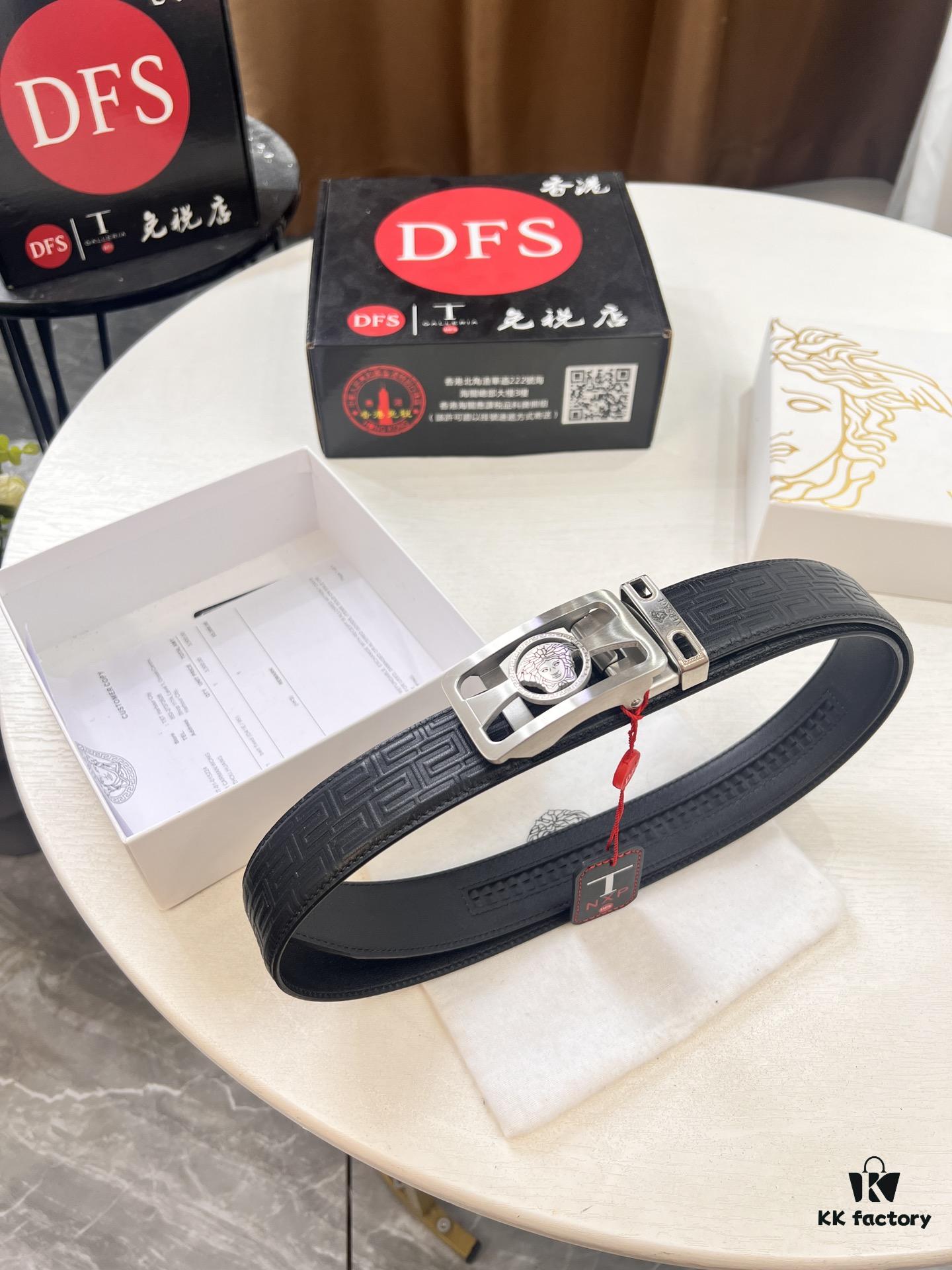 693201b23a89a121ed550782 Versace Automatic Buckle Belt, Custom Embossed Top Grain Imported Leather, Fine Calfskin with Small Texture, 3.5 cm Width
