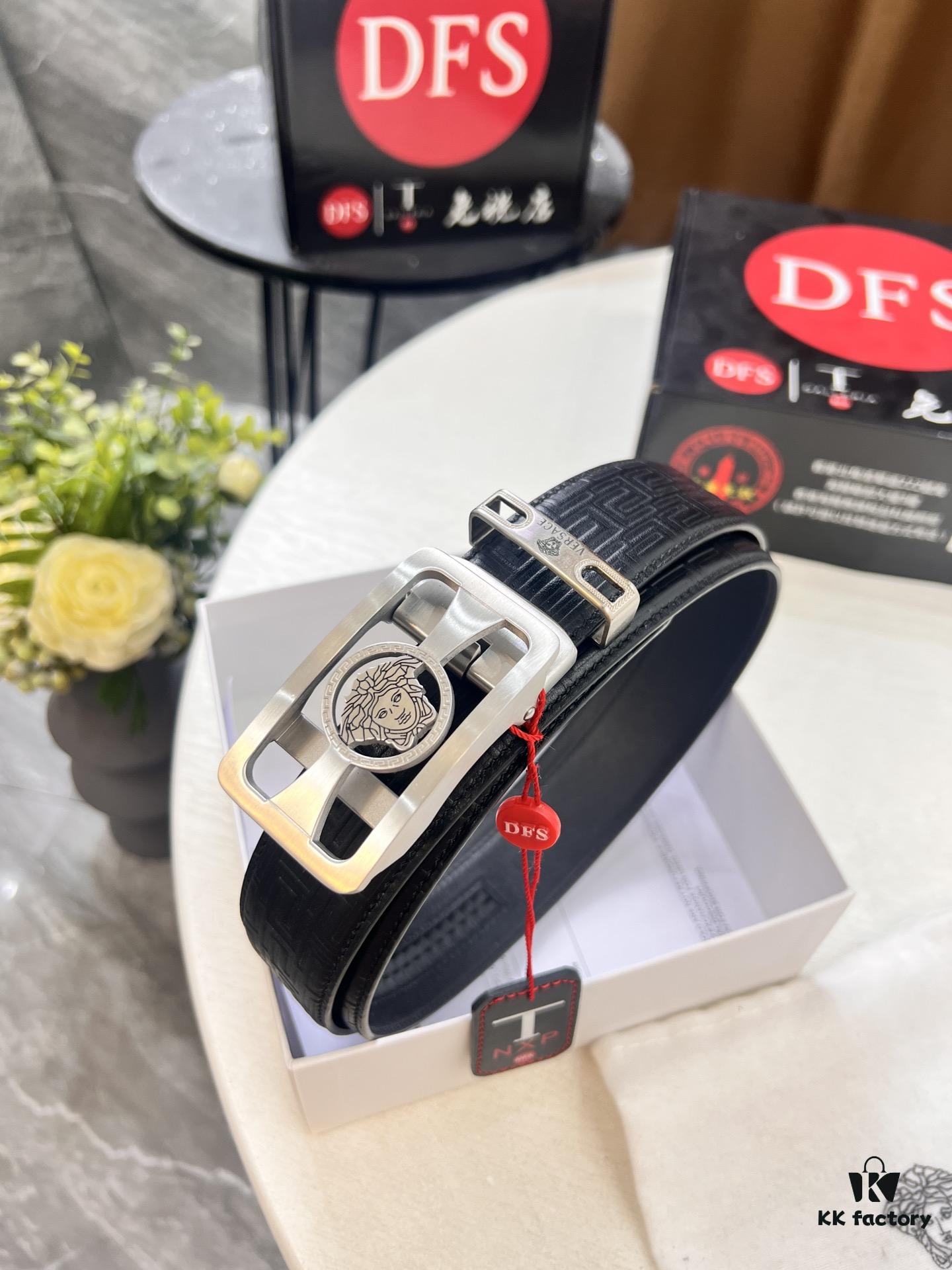 693201b23a89a121ed550783 Versace Automatic Buckle Belt, Custom Embossed Top Grain Imported Leather, Fine Calfskin with Small Texture, 3.5 cm Width