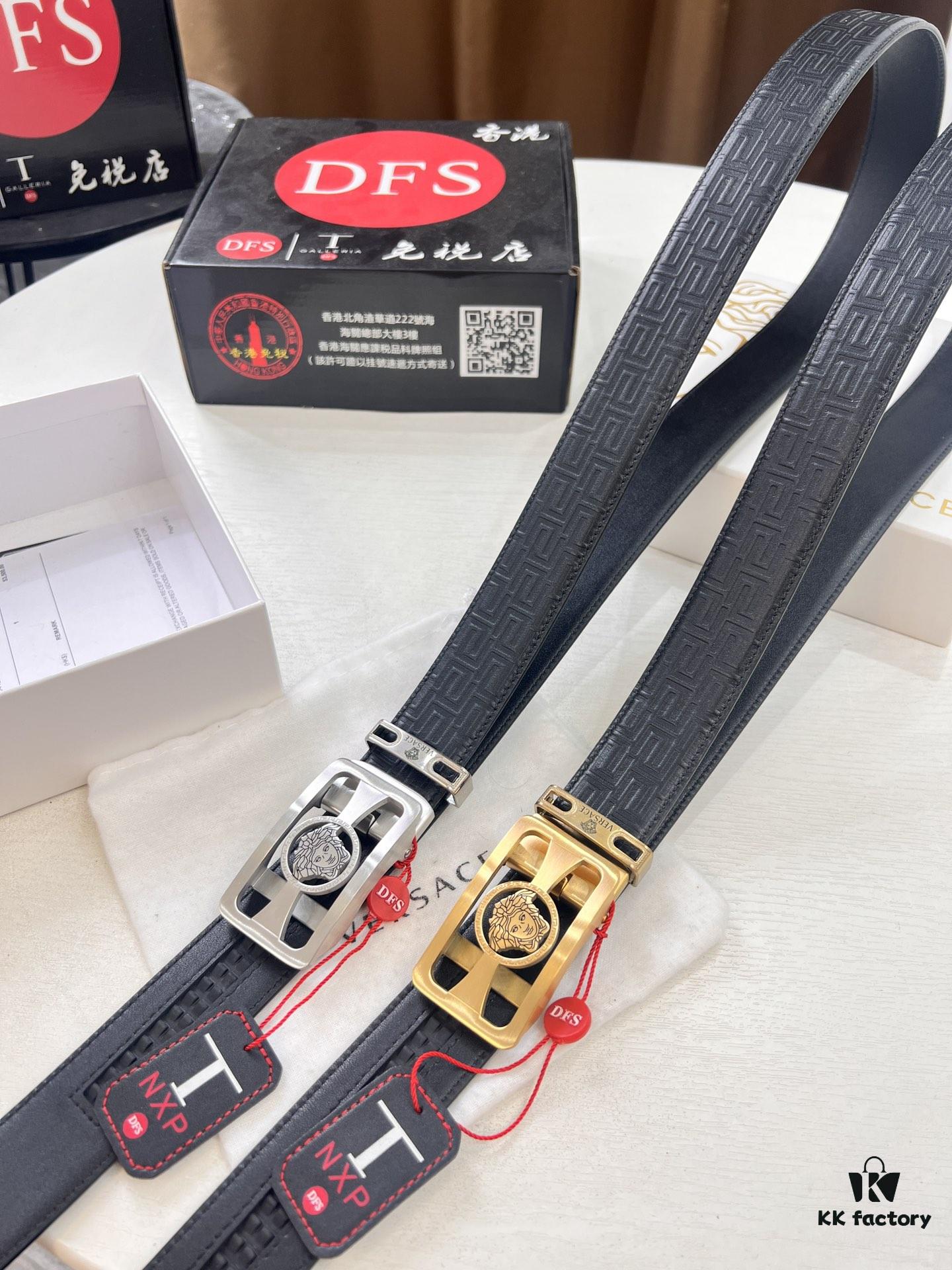 693201b23a89a121ed550785 Versace Automatic Buckle Belt, Custom Embossed Top Grain Imported Leather, Fine Calfskin with Small Texture, 3.5 cm Width