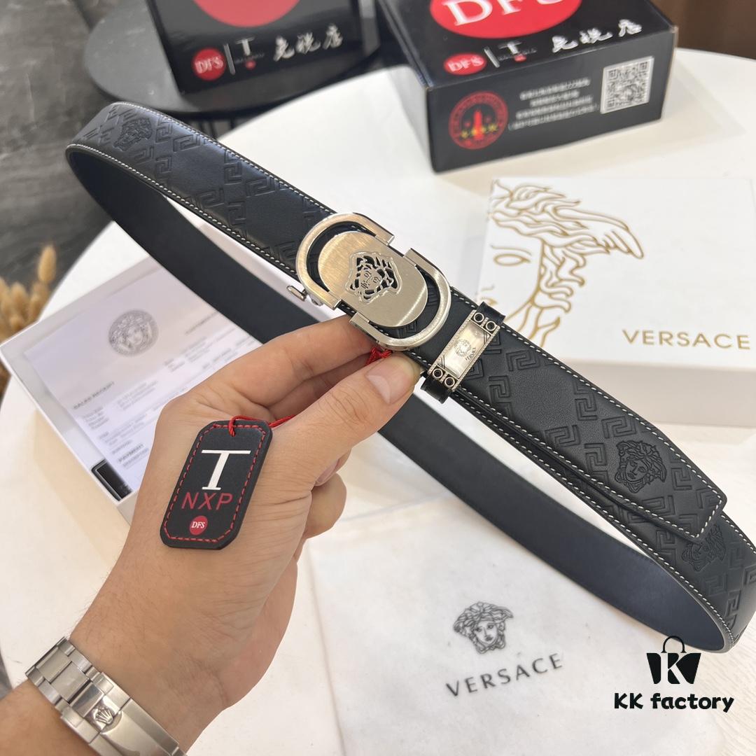 Versace Automatic Buckle Belt, Premium Cowhide with Medusa Embossing, 3.5cm Width, Top-Quality Business Formal Leather Belt