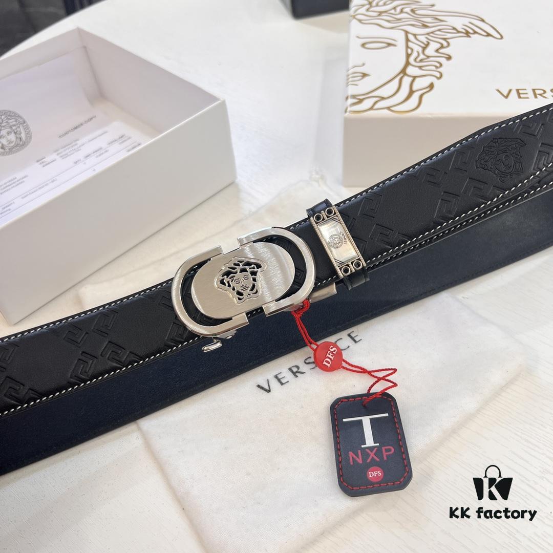 Versace Automatic Buckle Belt, Premium Cowhide with Medusa Embossing, 3.5cm Width, Top-Quality Business Formal Leather Belt