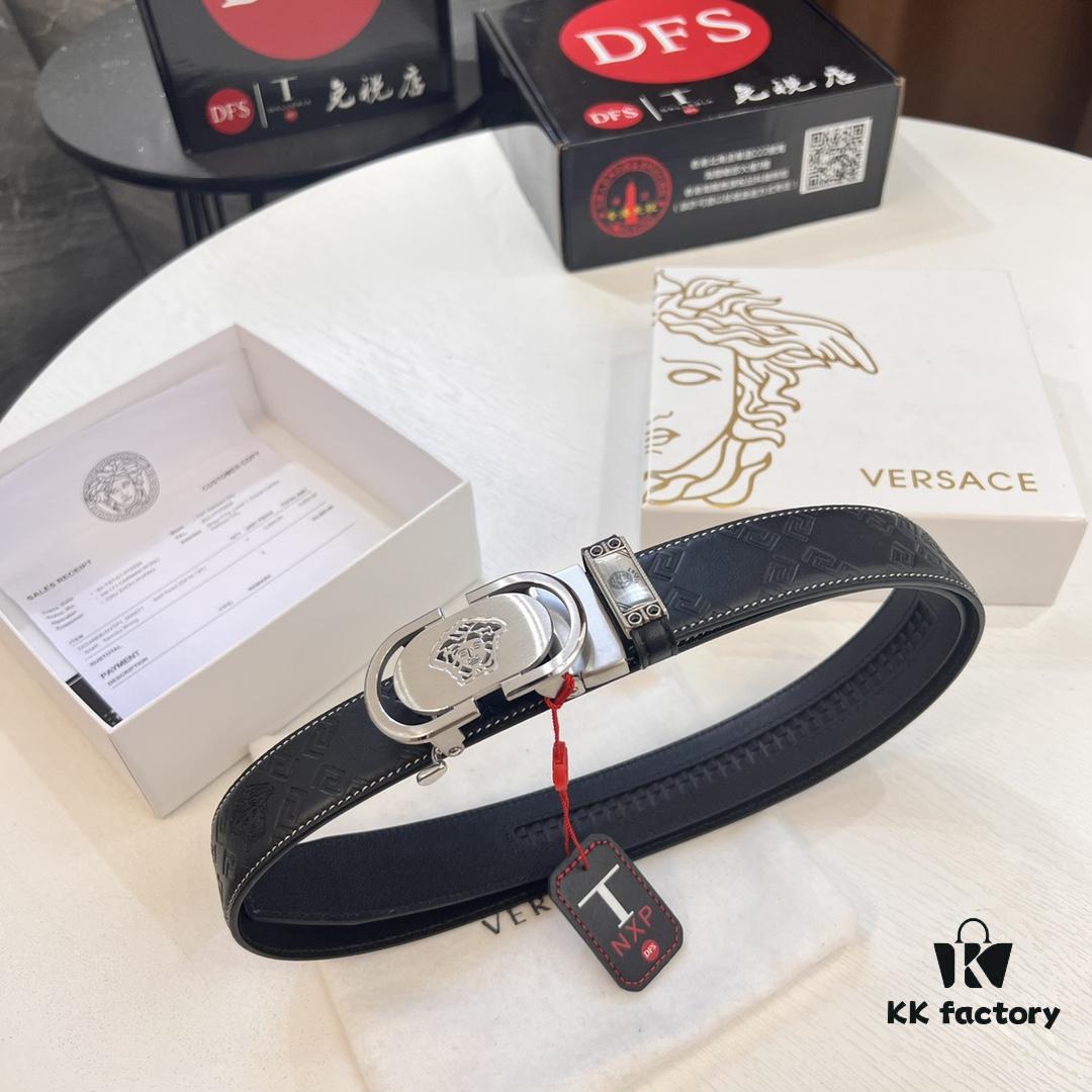 Versace Automatic Buckle Belt, Premium Cowhide with Medusa Embossing, 3.5cm Width, Top-Quality Business Formal Leather Belt
