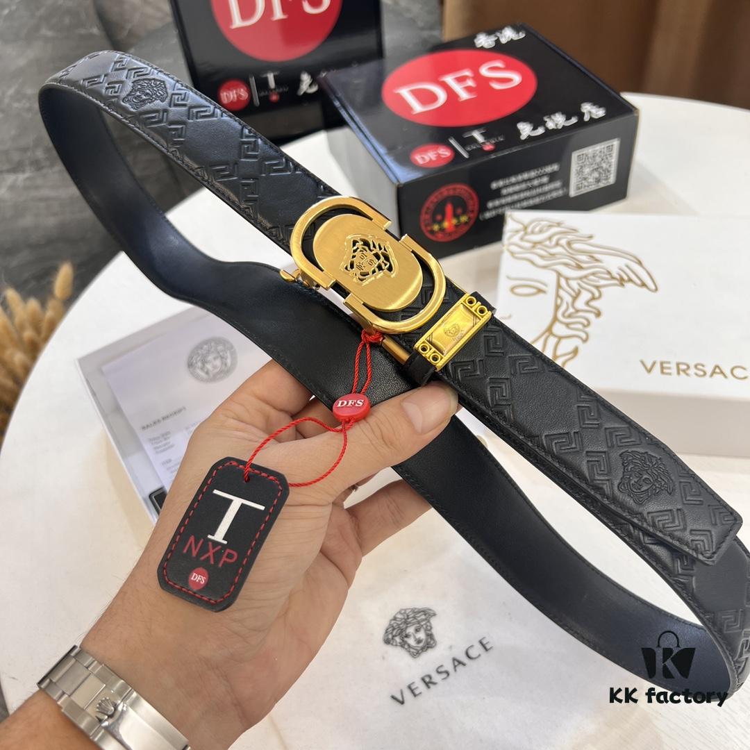 693201b53a89a121ed5507a9 Versace Automatic Buckle Belt, Custom Embossed Top Grain Imported Leather, Fine Grain Cowhide, 3.5 cm Width, Luxury Business Formal Belt with Steel Automatic Slide Buckle