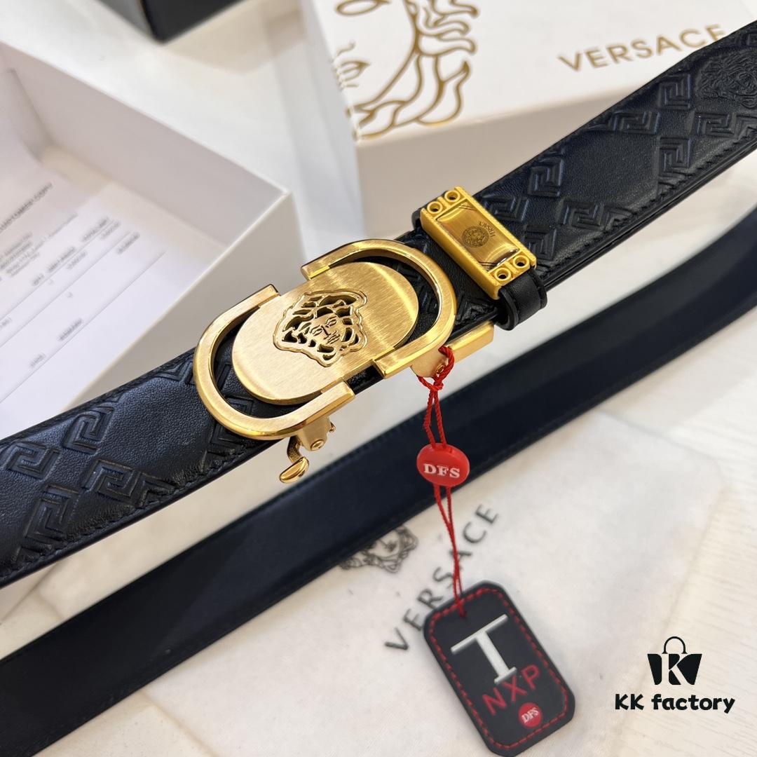 693201b53a89a121ed5507aa Versace Automatic Buckle Belt, Custom Embossed Top Grain Imported Leather, Fine Grain Cowhide, 3.5 cm Width, Luxury Business Formal Belt with Steel Automatic Slide Buckle