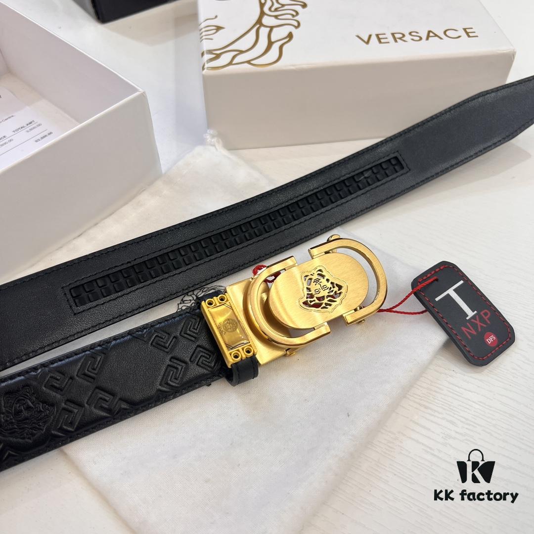 693201b53a89a121ed5507ac Versace Automatic Buckle Belt, Custom Embossed Top Grain Imported Leather, Fine Grain Cowhide, 3.5 cm Width, Luxury Business Formal Belt with Steel Automatic Slide Buckle