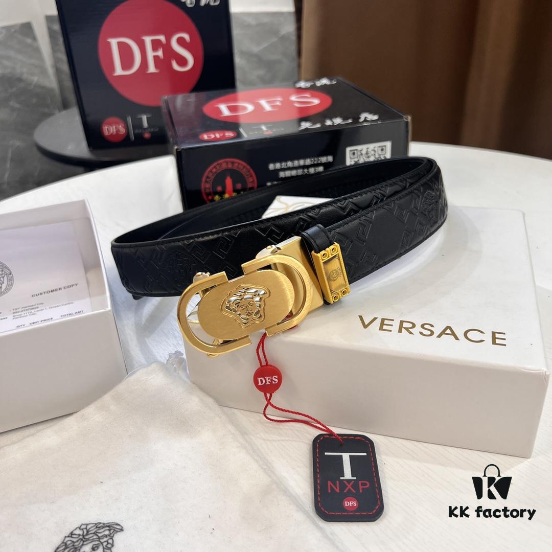 693201b53a89a121ed5507ae Versace Automatic Buckle Belt, Custom Embossed Top Grain Imported Leather, Fine Grain Cowhide, 3.5 cm Width, Luxury Business Formal Belt with Steel Automatic Slide Buckle