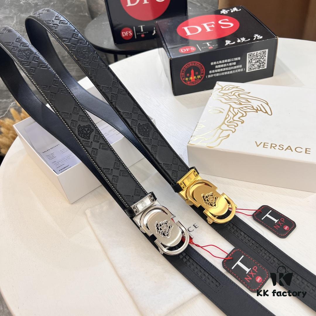 693201b53a89a121ed5507af Versace Automatic Buckle Belt, Custom Embossed Top Grain Imported Leather, Fine Grain Cowhide, 3.5 cm Width, Luxury Business Formal Belt with Steel Automatic Slide Buckle