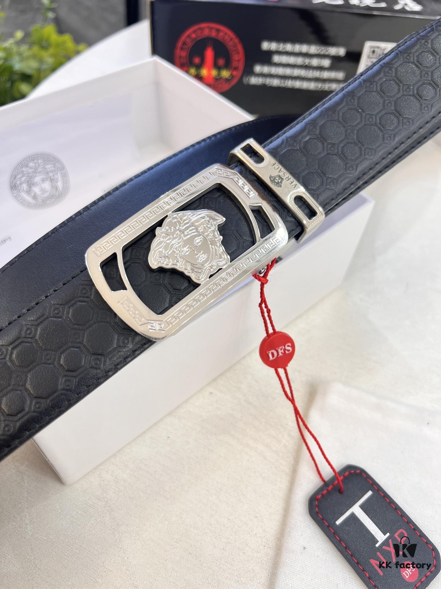 Versace Automatic Buckle Belt, Custom Calfskin with Medusa Embossing, Top-Quality Business Formal Accessory