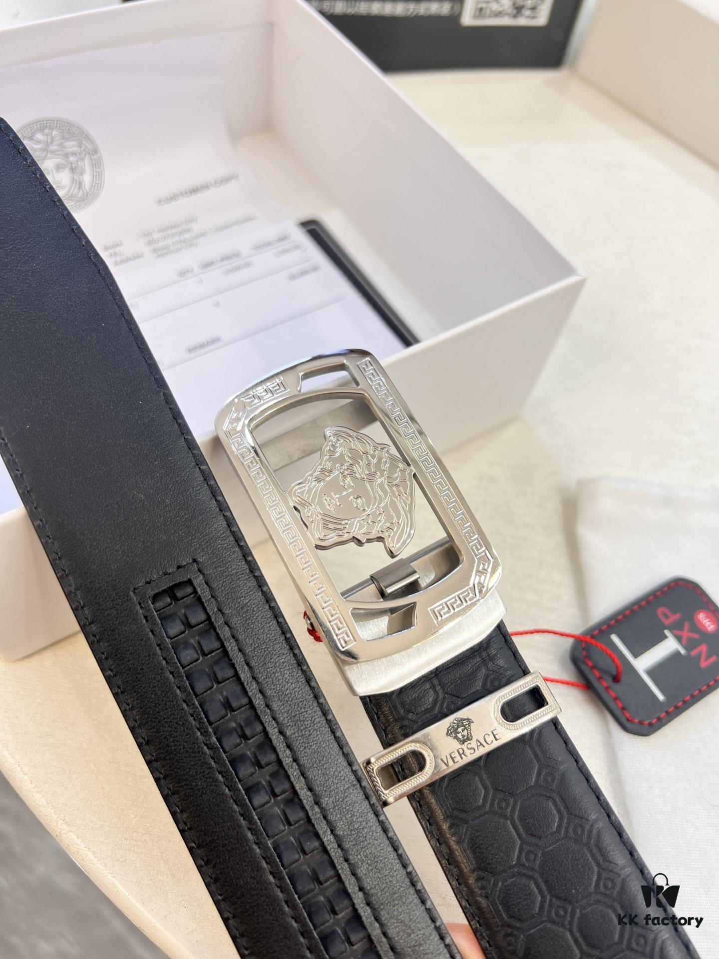Versace Automatic Buckle Belt, Custom Calfskin with Medusa Embossing, Top-Quality Business Formal Accessory