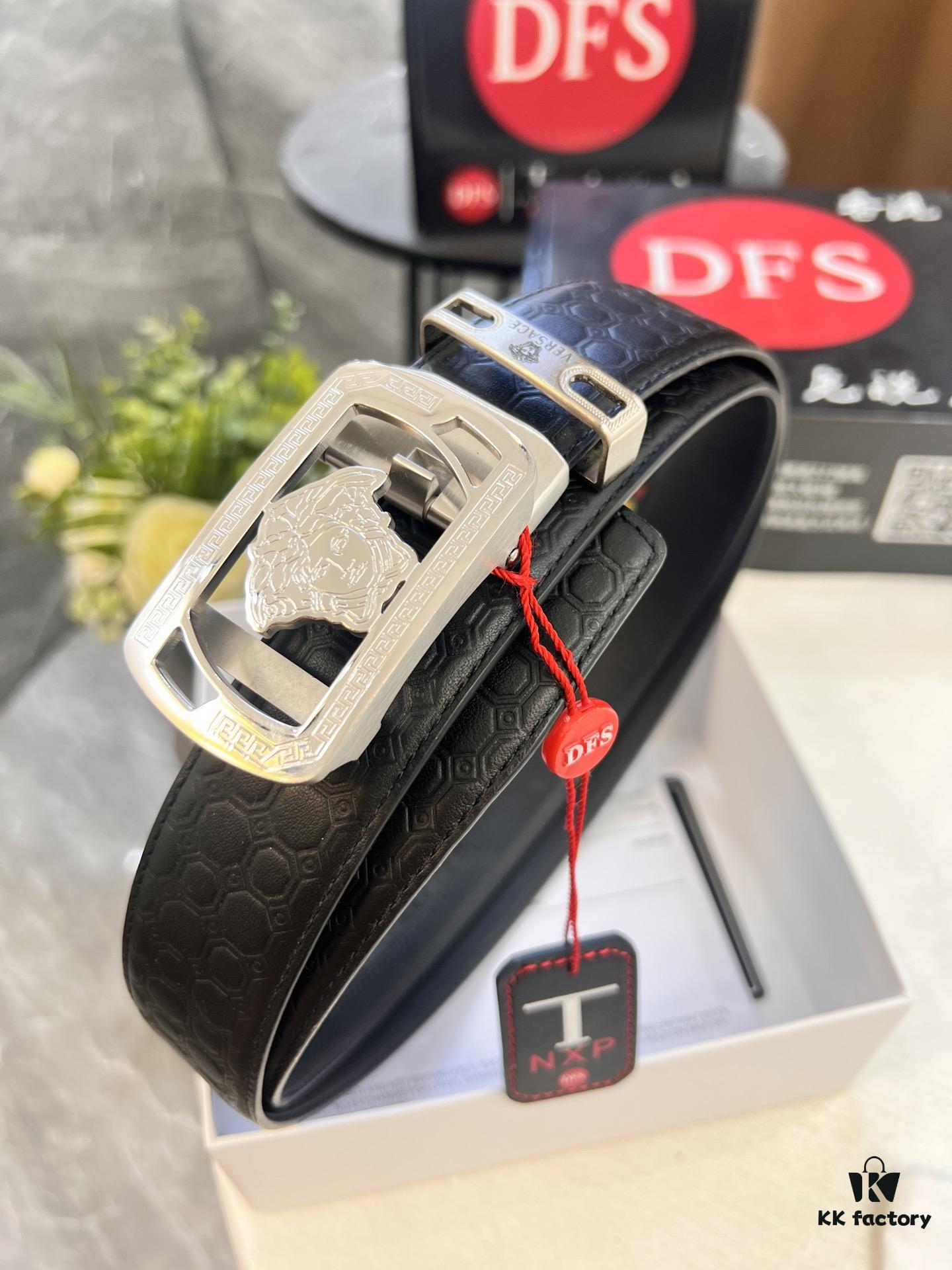 Versace Automatic Buckle Belt, Custom Calfskin with Medusa Embossing, Top-Quality Business Formal Accessory