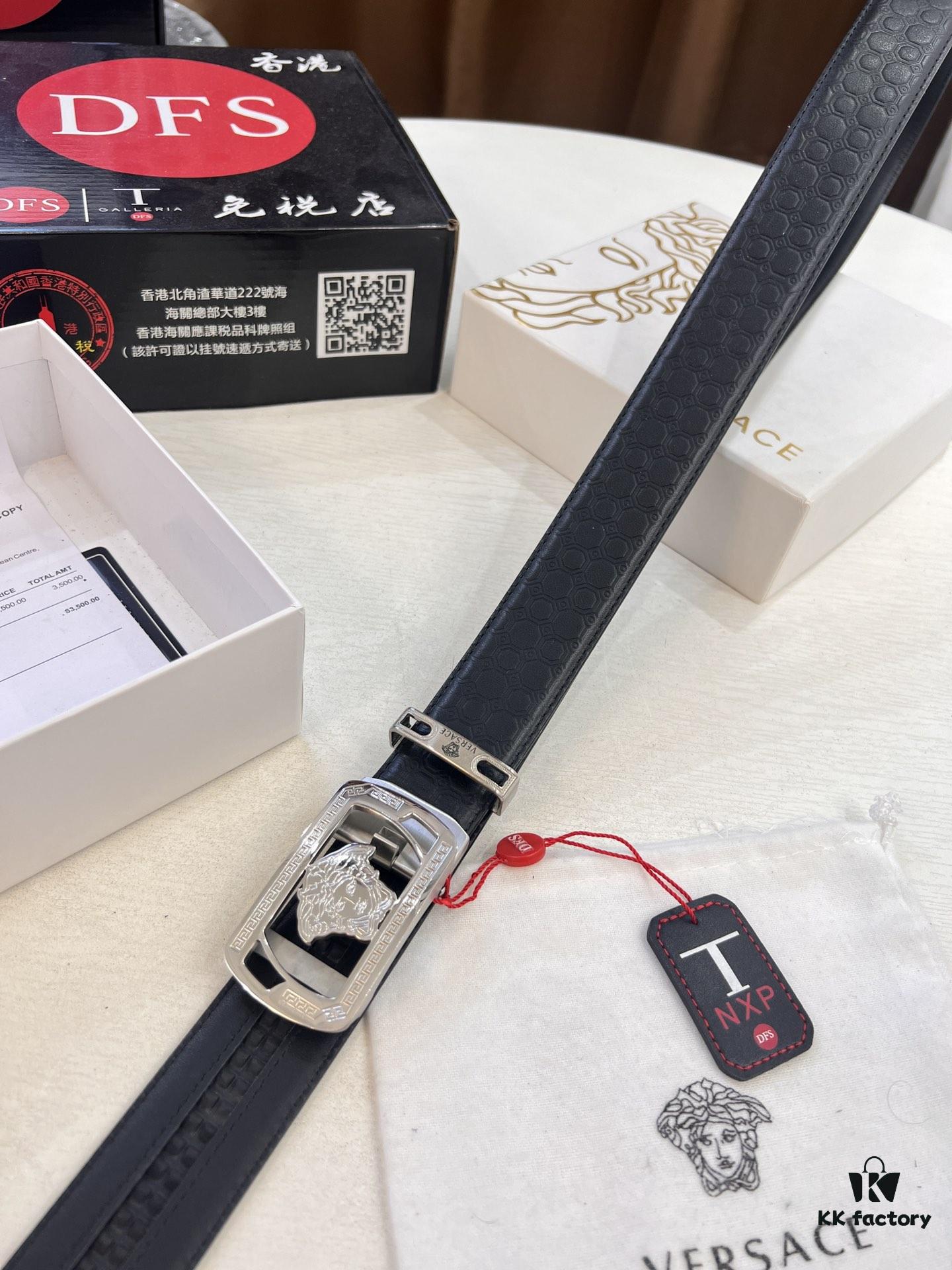 Versace Automatic Buckle Belt, Custom Calfskin with Medusa Embossing, Top-Quality Business Formal Accessory