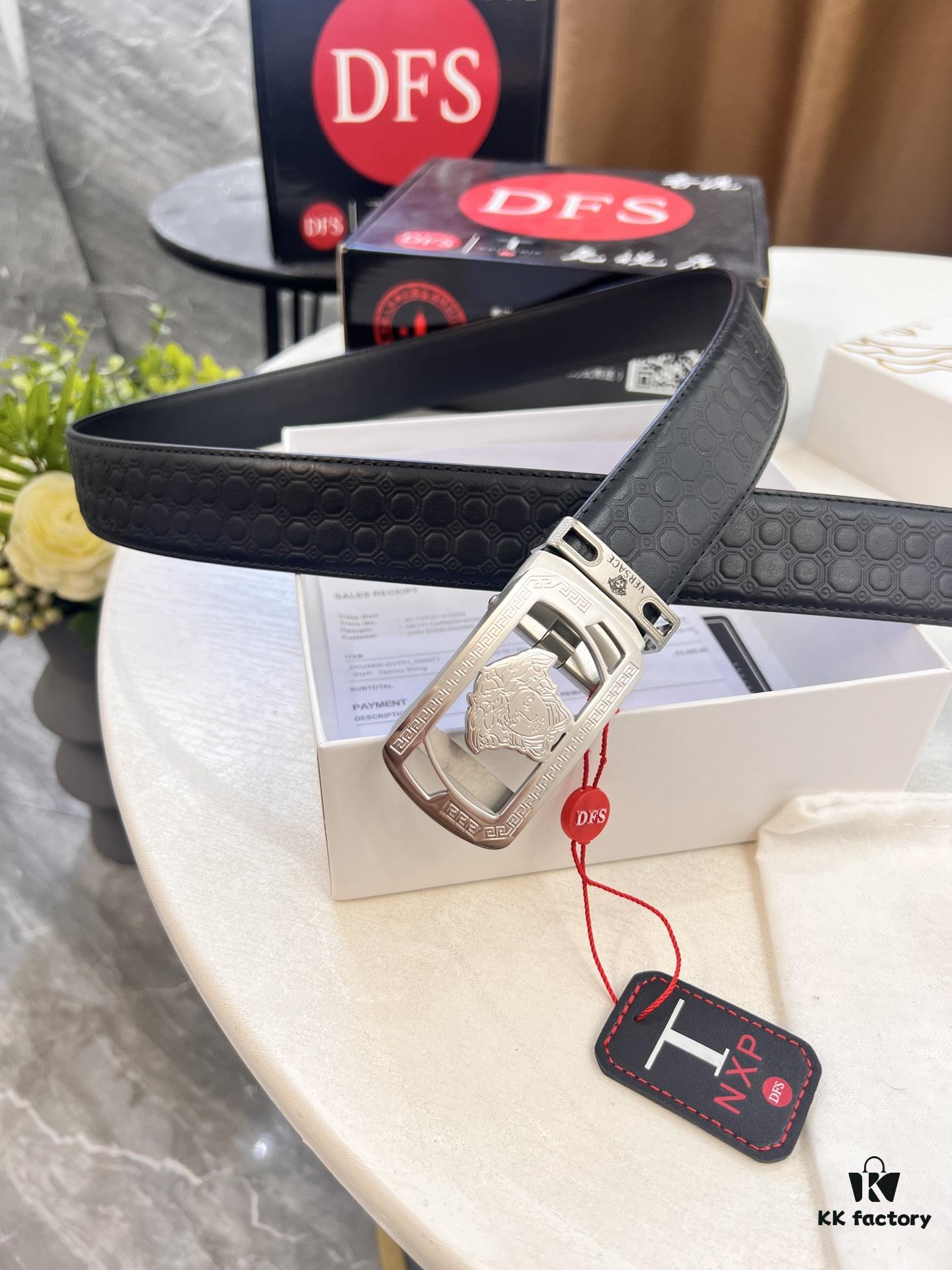 Versace Automatic Buckle Belt, Custom Calfskin with Medusa Embossing, Top-Quality Business Formal Accessory