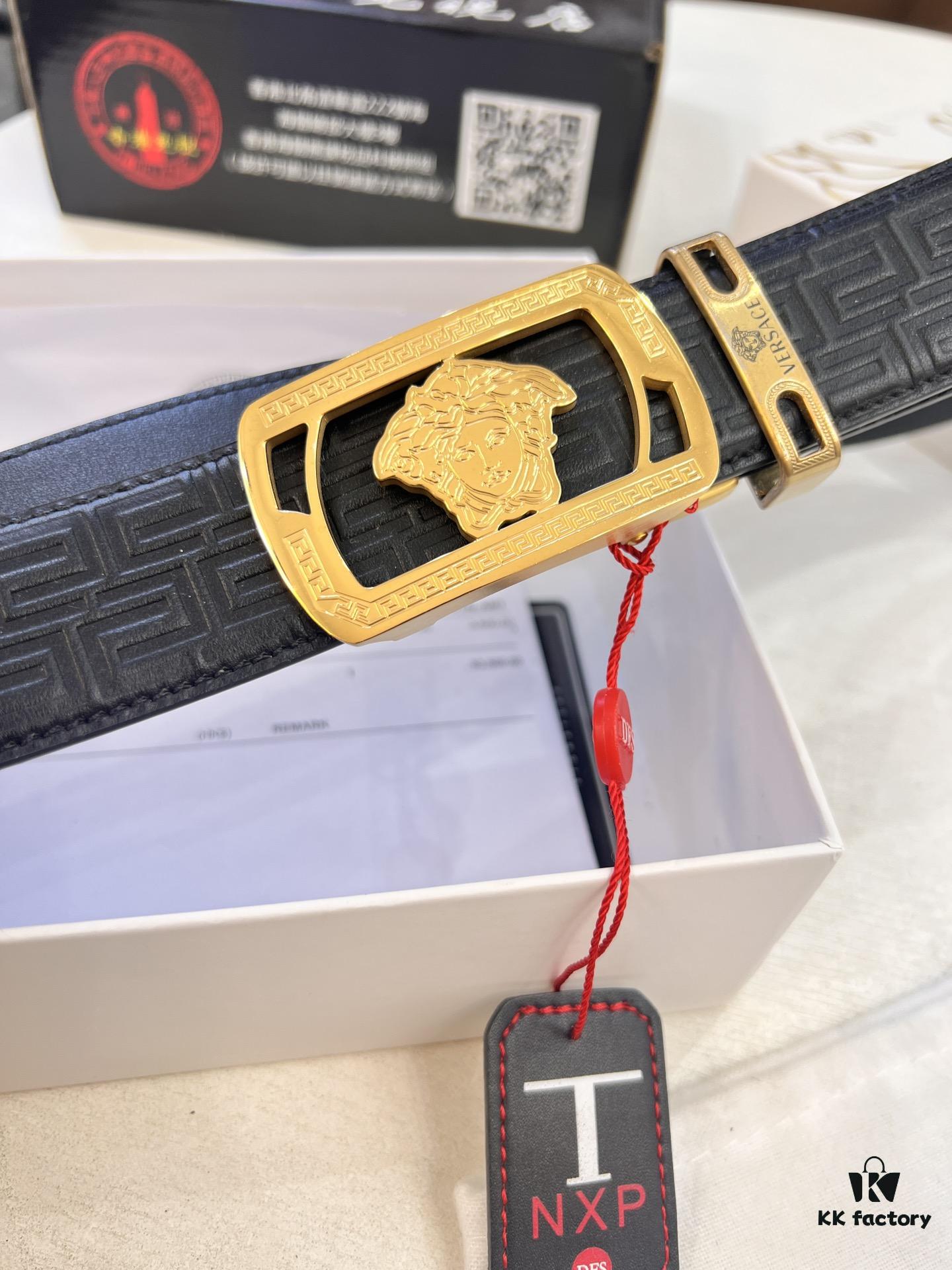 693201b63a89a121ed5507b8 Versace Automatic Buckle Belt, Custom Embossed Top-Grade Imported Leather, 3.5cm Width, Fine Grain Cowhide with Steel Hardware