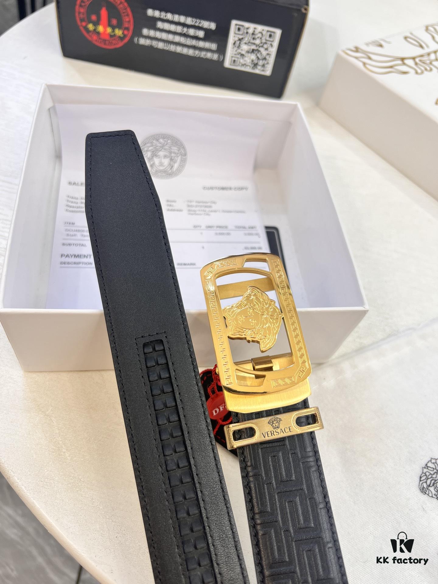693201b63a89a121ed5507b9 Versace Automatic Buckle Belt, Custom Embossed Top-Grade Imported Leather, 3.5cm Width, Fine Grain Cowhide with Steel Hardware