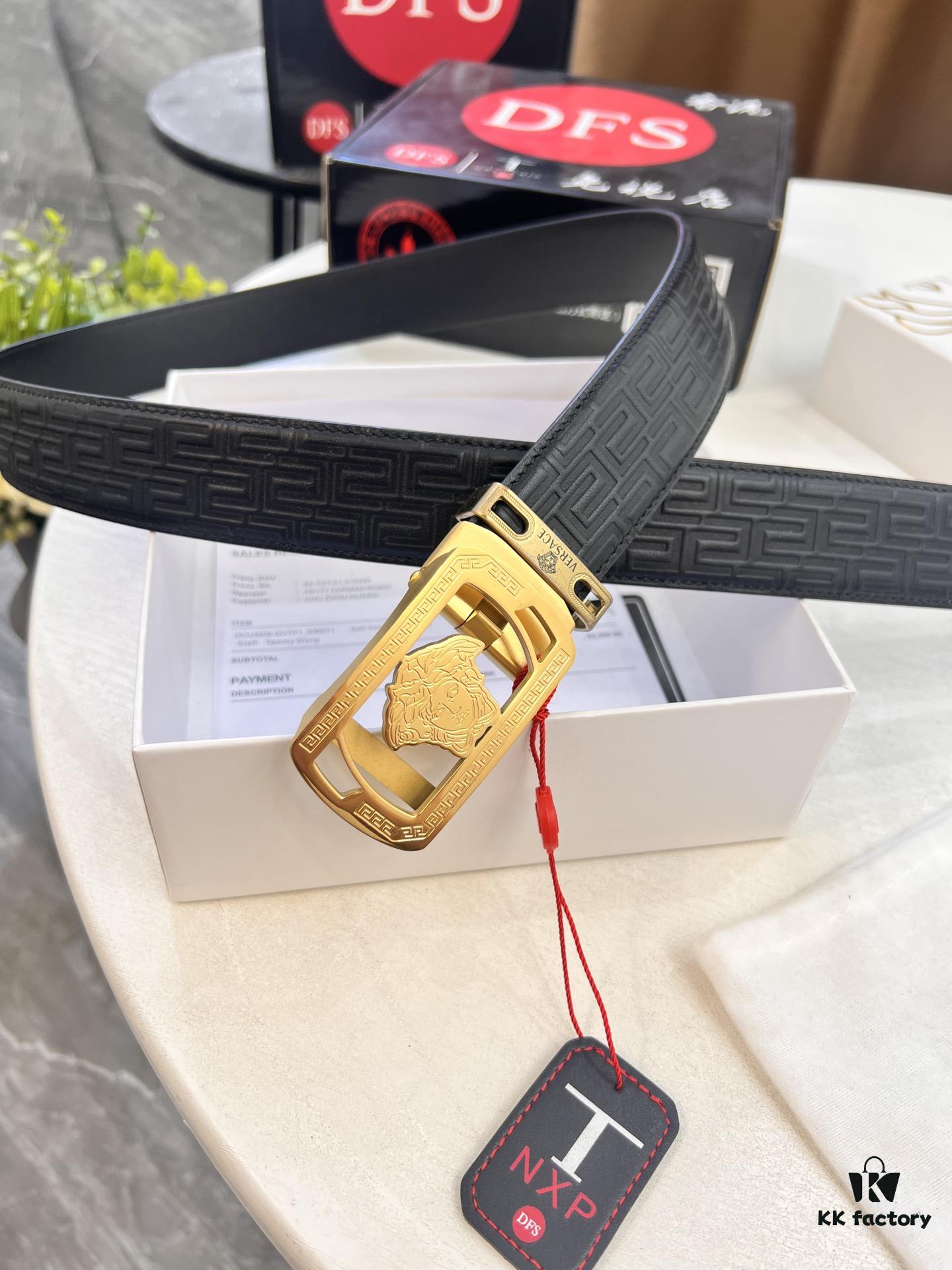 693201b63a89a121ed5507bc Versace Automatic Buckle Belt, Custom Embossed Top-Grade Imported Leather, 3.5cm Width, Fine Grain Cowhide with Steel Hardware