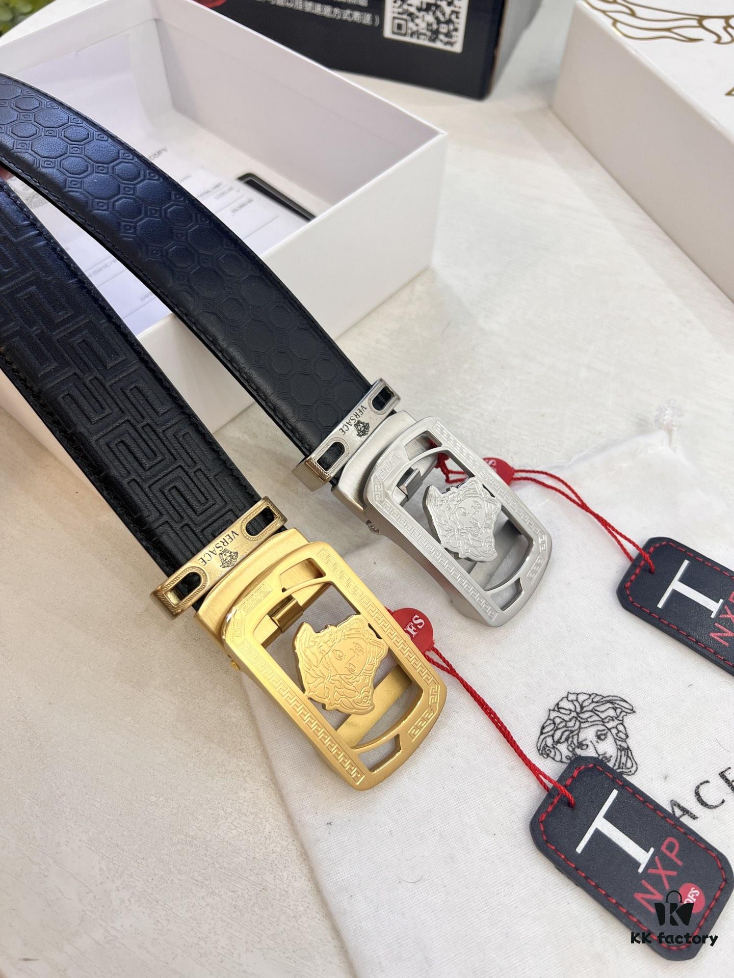 693201b63a89a121ed5507bd Versace Automatic Buckle Belt, Custom Embossed Top-Grade Imported Leather, 3.5cm Width, Fine Grain Cowhide with Steel Hardware