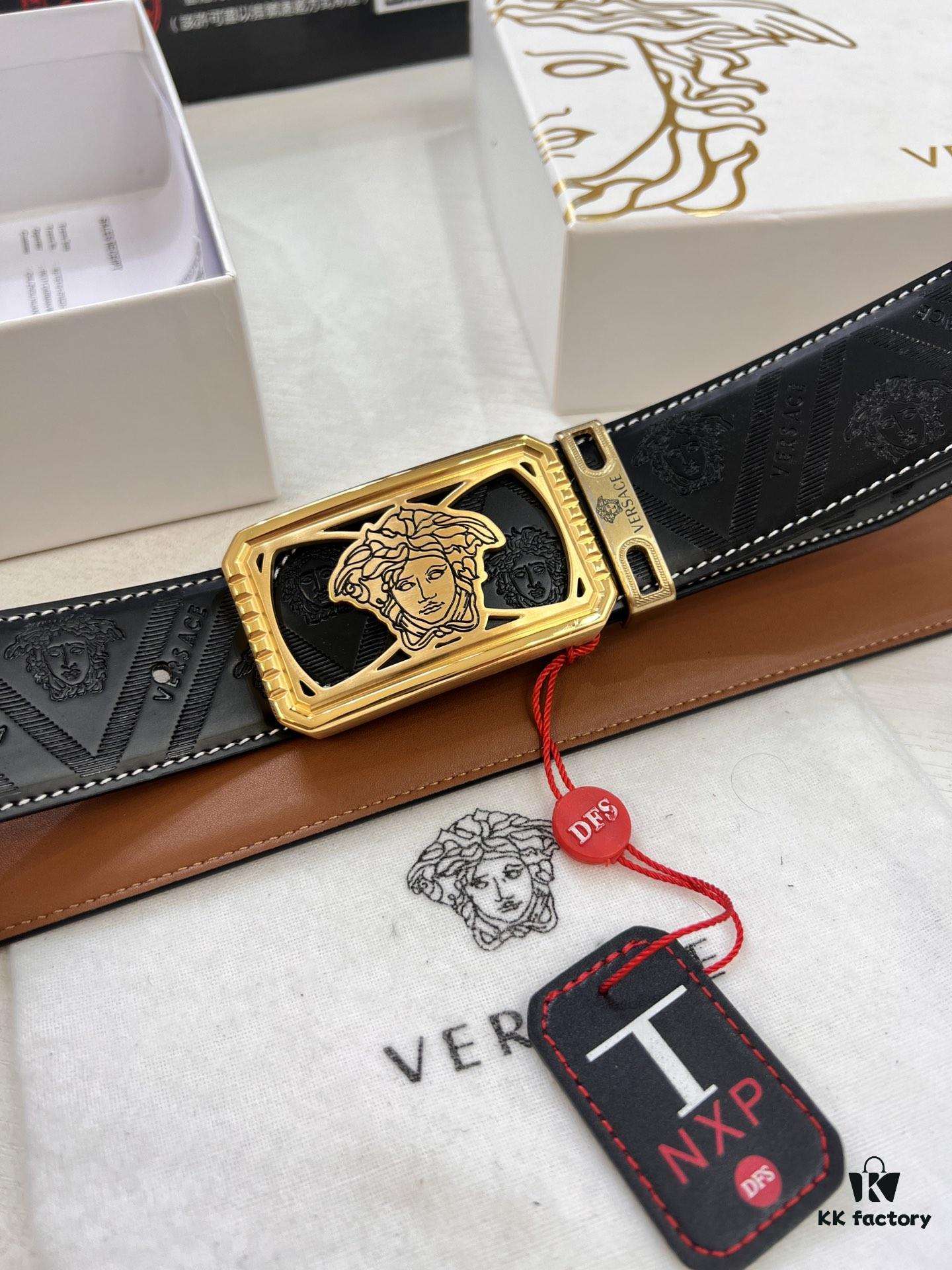 Versace Belt, New Style, Top-Quality First-Layer Cowhide with Medusa Embossing, Fashionable Soft Leather, Reversible Design, Stainless Steel Hardware, 3.8cm Width