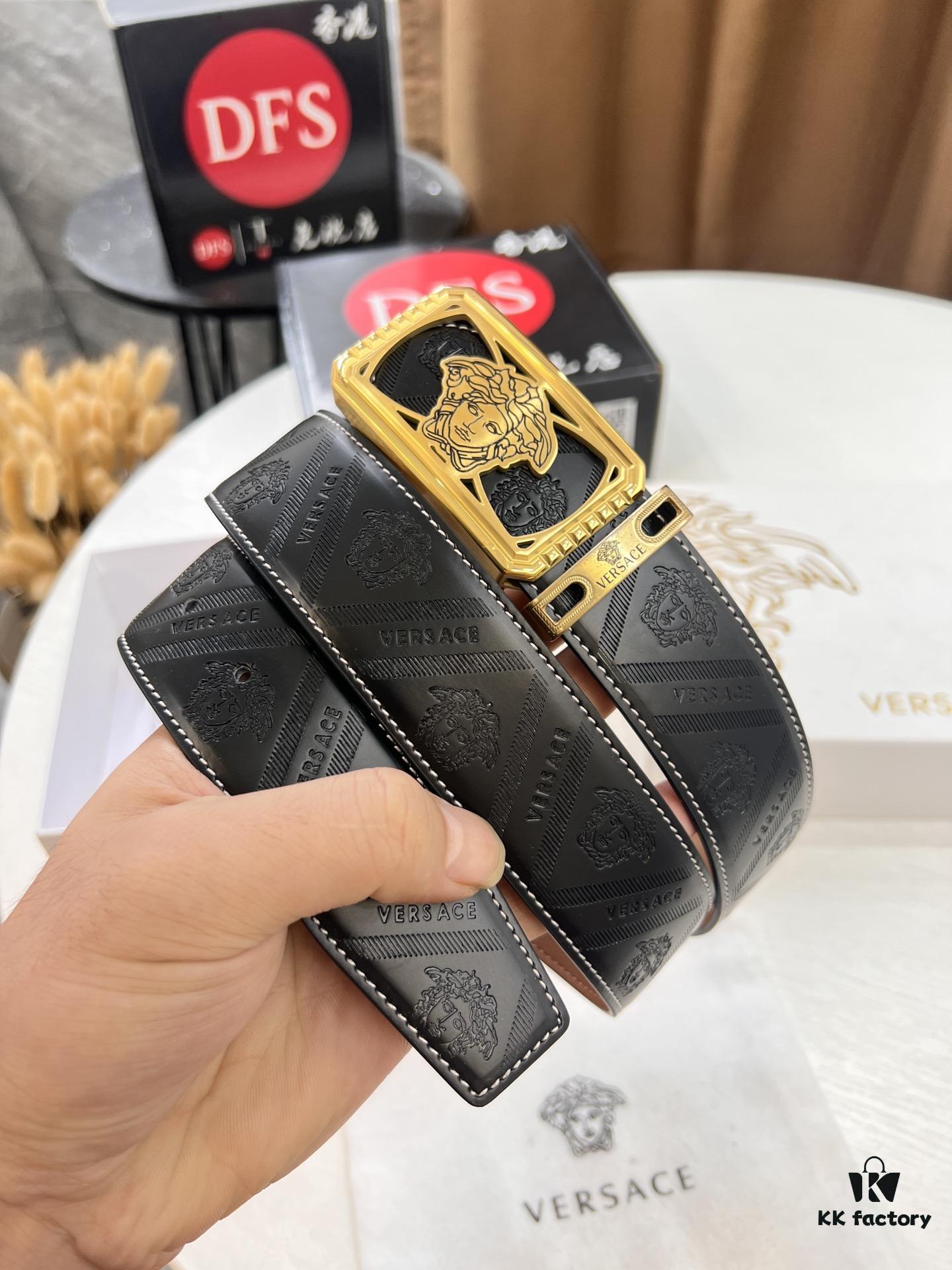 Versace Belt, New Style, Top-Quality First-Layer Cowhide with Medusa Embossing, Fashionable Soft Leather, Reversible Design, Stainless Steel Hardware, 3.8cm Width