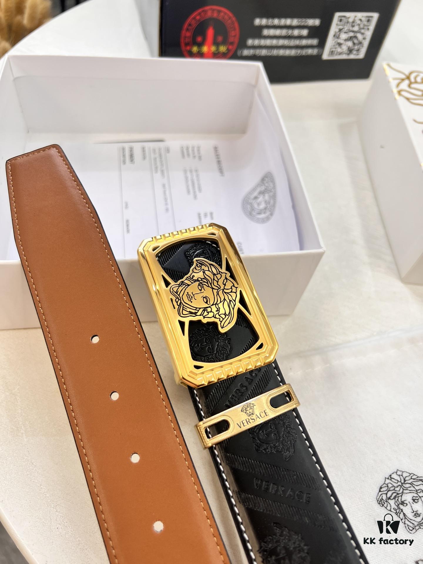 Versace Belt, New Style, Top-Quality First-Layer Cowhide with Medusa Embossing, Fashionable Soft Leather, Reversible Design, Stainless Steel Hardware, 3.8cm Width