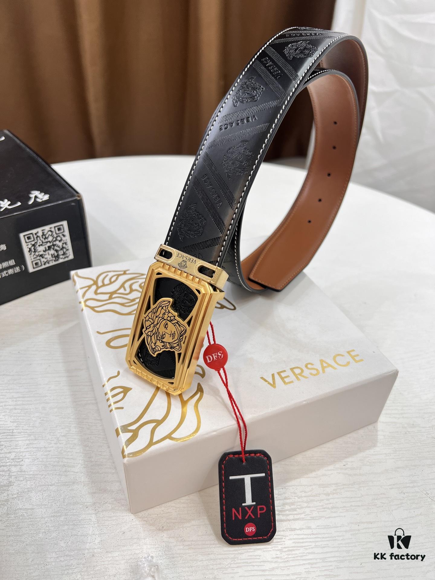 Versace Belt, New Style, Top-Quality First-Layer Cowhide with Medusa Embossing, Fashionable Soft Leather, Reversible Design, Stainless Steel Hardware, 3.8cm Width