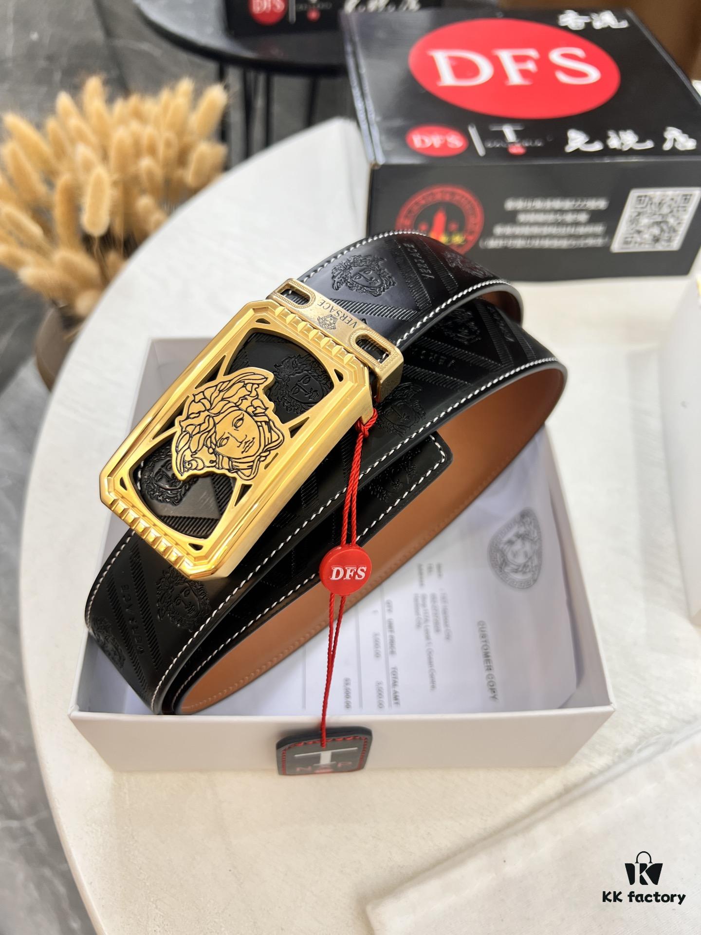 Versace Belt, New Style, Top-Quality First-Layer Cowhide with Medusa Embossing, Fashionable Soft Leather, Reversible Design, Stainless Steel Hardware, 3.8cm Width