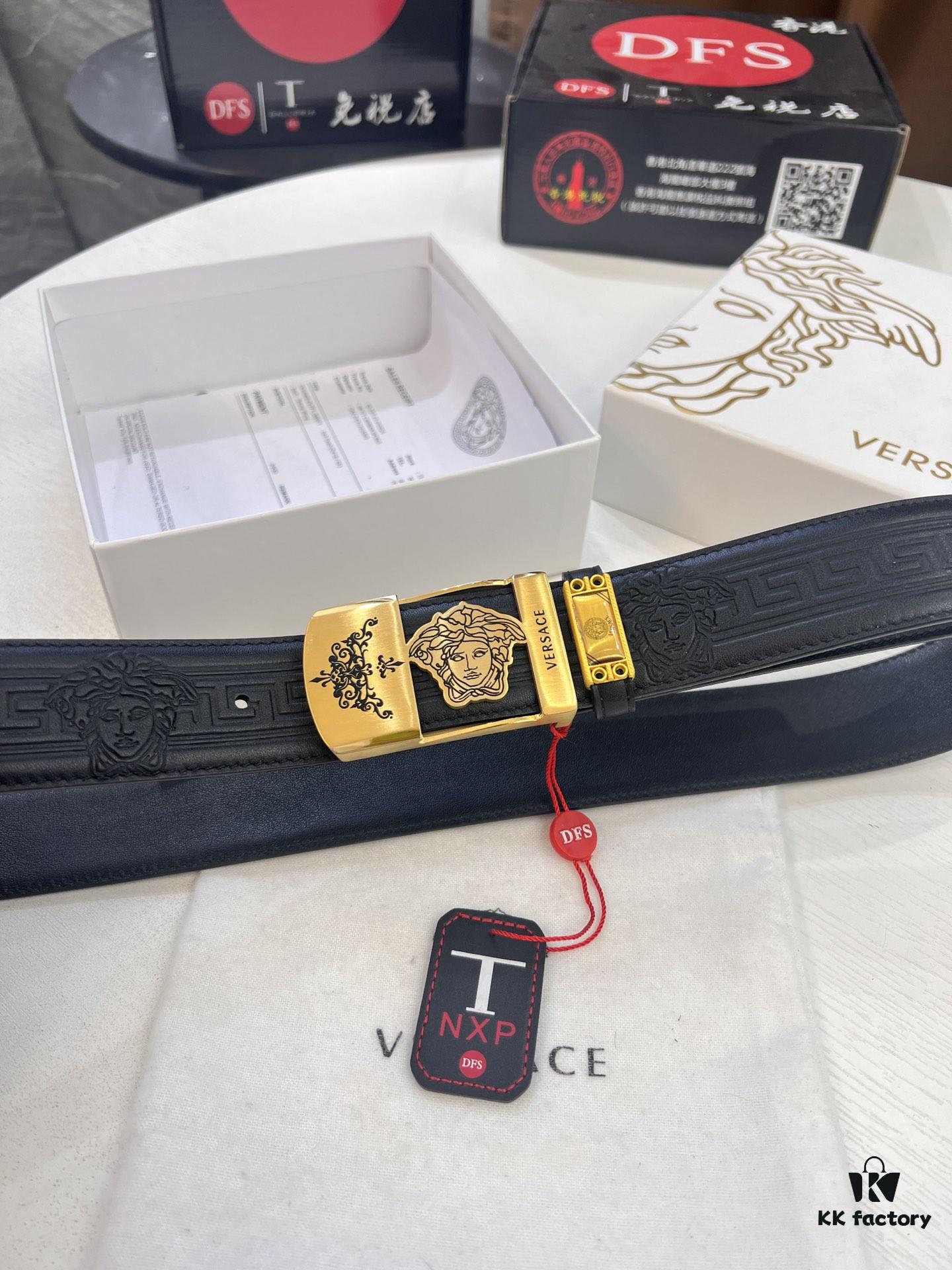 693201b93a89a121ed5507db Versace Belt, New Style, Genuine Top-Layer Cowhide with Medusa Embossing, Fashionable Streetwear Design, Soft Leather Texture, Precision Stainless Steel Hardware, 3.8cm Width