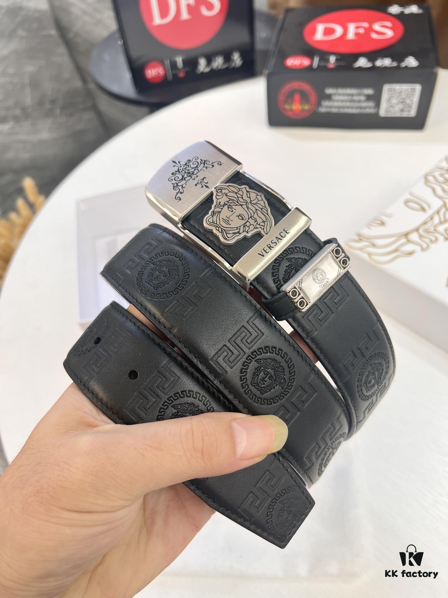 693201b93a89a121ed5507e3 Versace Belt New Style Genuine Leather with Medusa Head Embossing Fashion Brand Steel Buckle 3.8cm Width