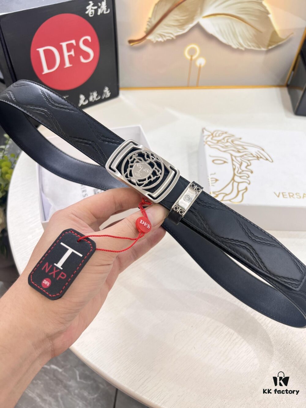 Versace Automatic Buckle Belt, Premium Cowhide with Medusa Embossing, 3.5cm Width, Top-Quality Business Formal Accessory