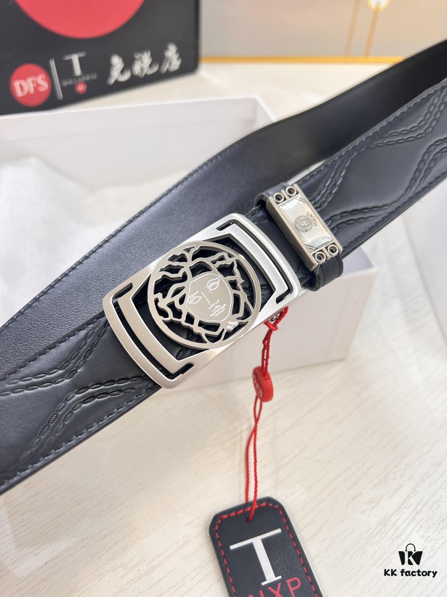693201c63a89a121ed55085c Versace Automatic Buckle Belt, Premium Cowhide with Medusa Embossing, 3.5cm Width, Top-Quality Business Formal Accessory