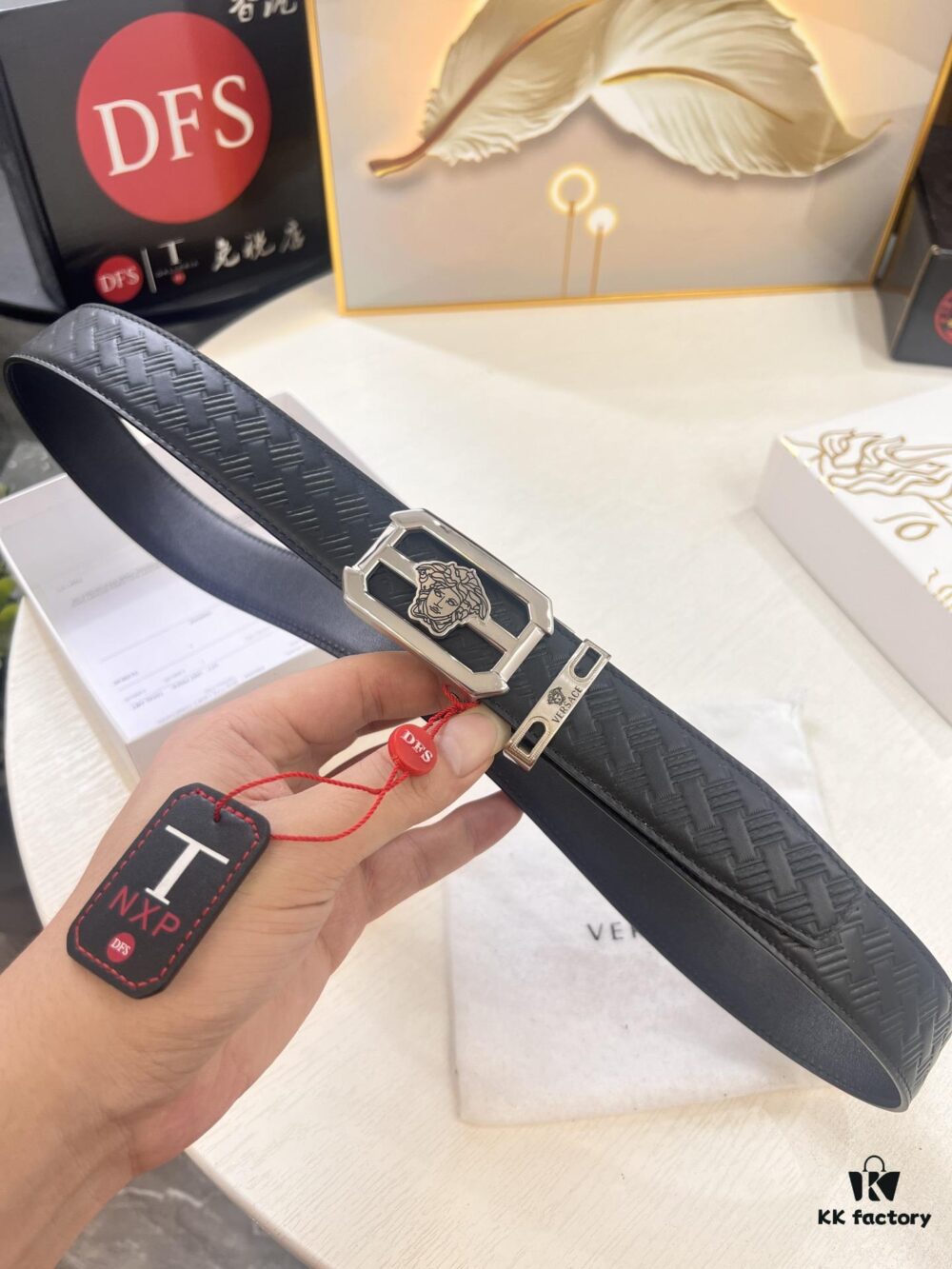 693201c73a89a121ed550870 Versace Automatic Buckle Belt, Custom Embossed Top-Grade Imported Calfskin, 3.5cm Width, Luxury Business Leather Belt with NXP Anti-Counterfeit Chip