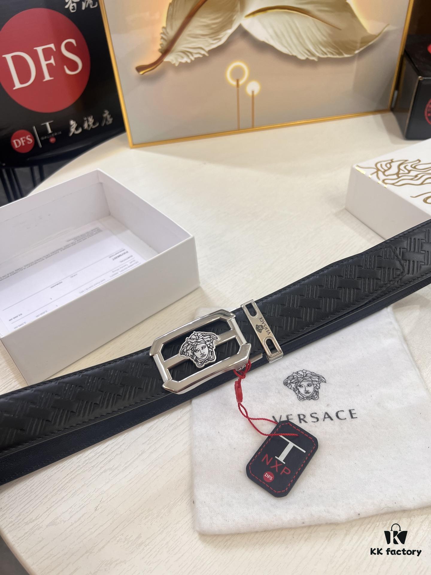 Versace Automatic Buckle Belt, Custom Embossed Top Grain Imported Leather with Fine Grain Calfskin, 3.5cm Width, Premium Business Formal Belt