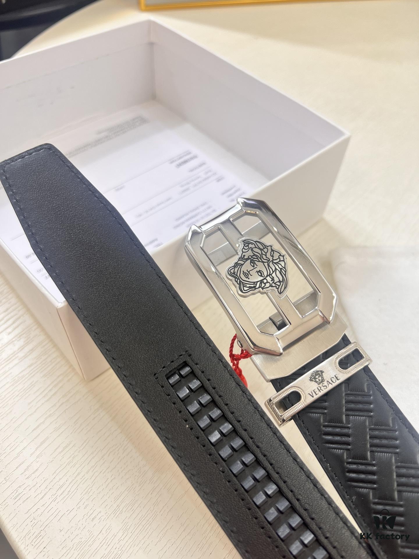 Versace Automatic Buckle Belt, Custom Embossed Top Grain Imported Leather with Fine Grain Calfskin, 3.5cm Width, Premium Business Formal Belt