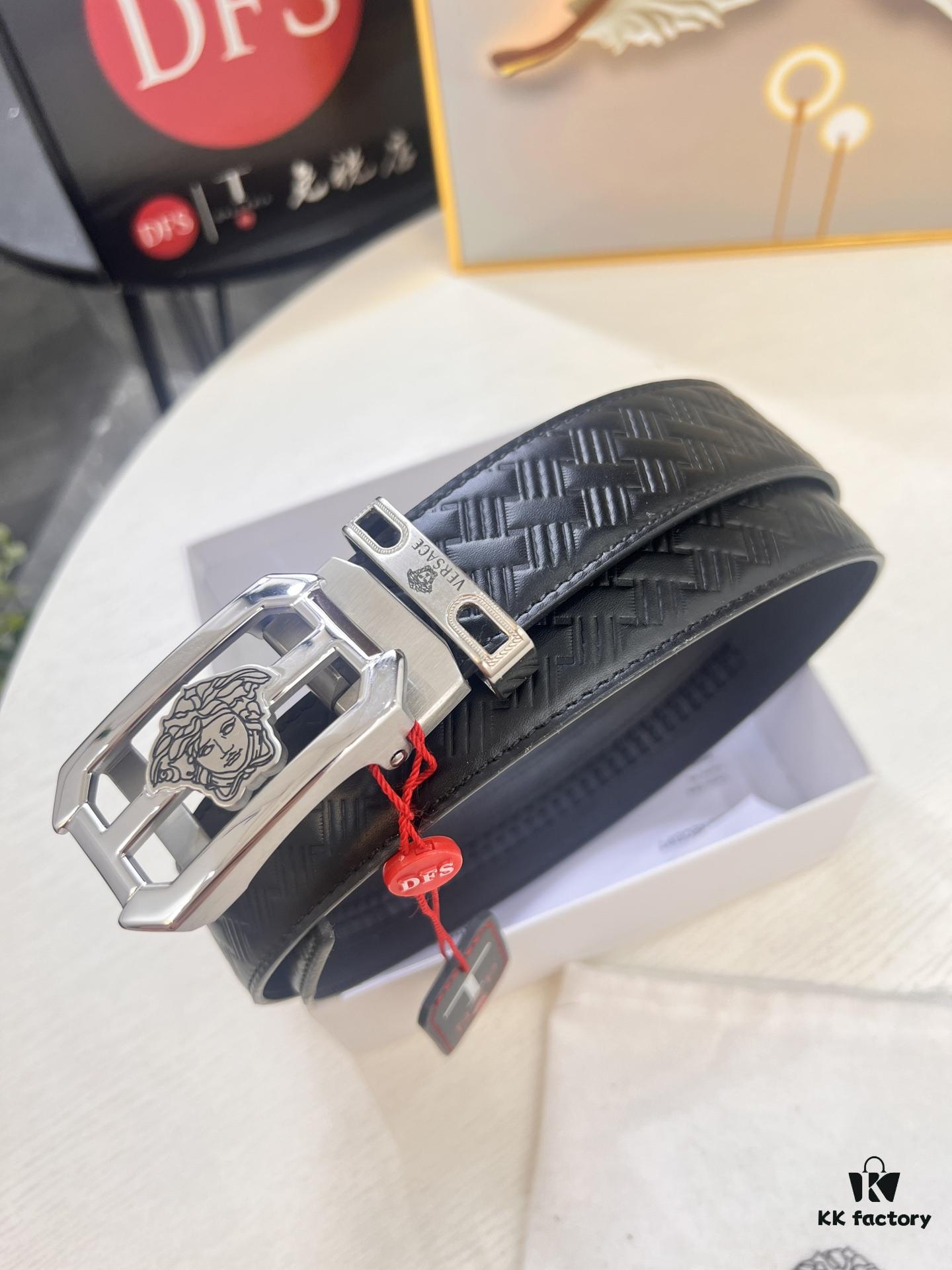 Versace Automatic Buckle Belt, Custom Embossed Top Grain Imported Leather with Fine Grain Calfskin, 3.5cm Width, Premium Business Formal Belt