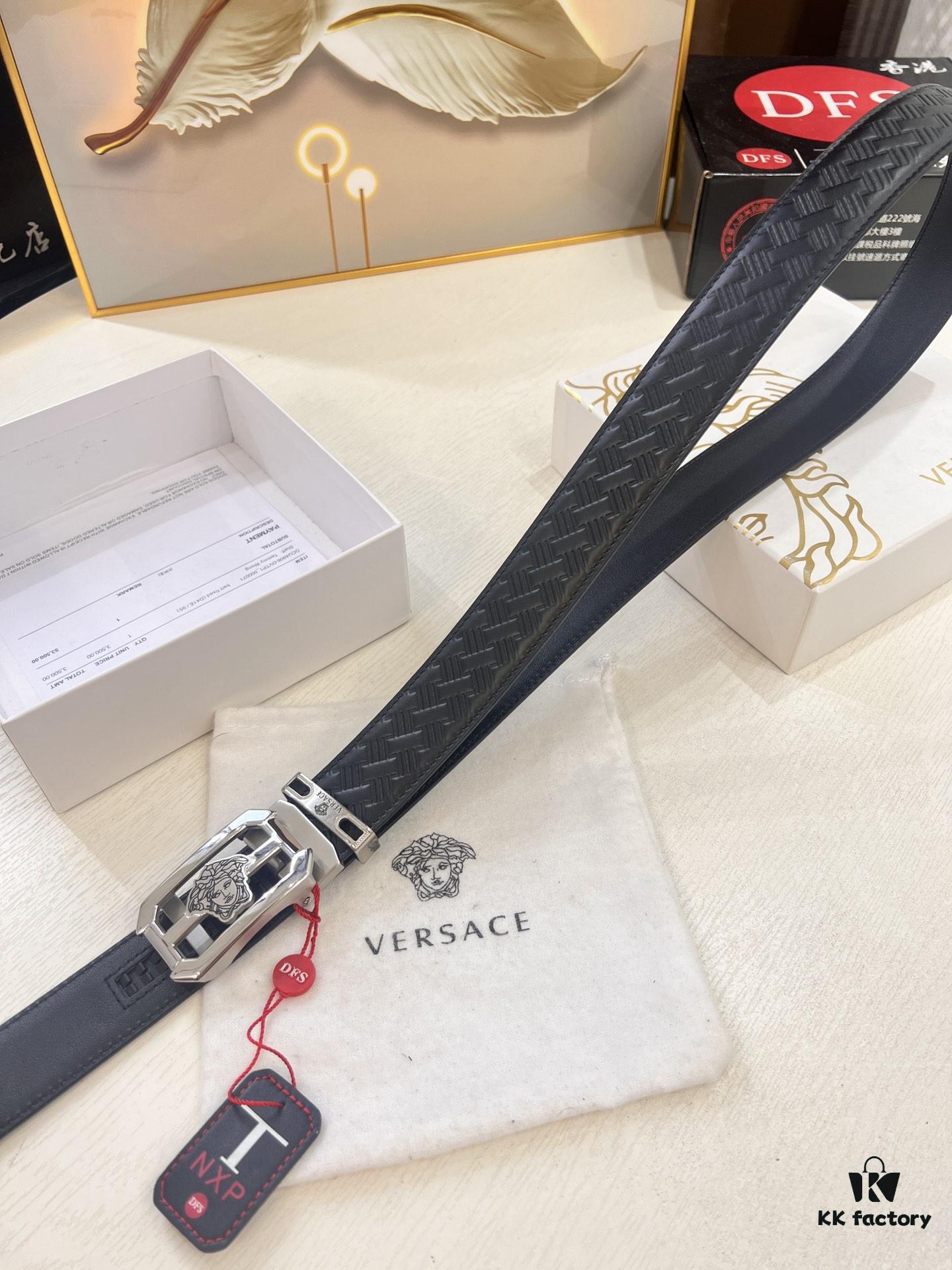 Versace Automatic Buckle Belt, Custom Embossed Top Grain Imported Leather with Fine Grain Calfskin, 3.5cm Width, Premium Business Formal Belt