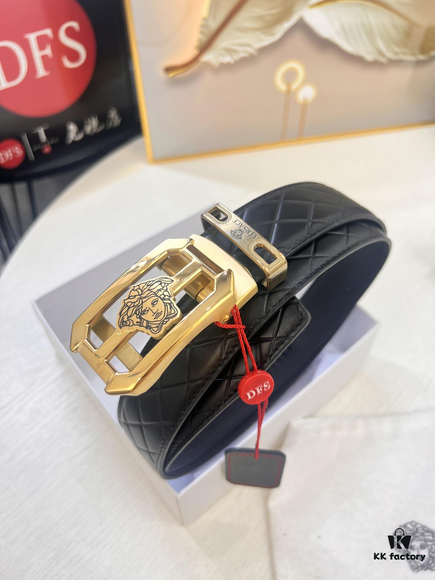 693201c83a89a121ed55087a Versace Automatic Buckle Belt, Premium Cowhide with Medusa Embossing, 3.5cm Width, Top-Quality Business Formal Accessory