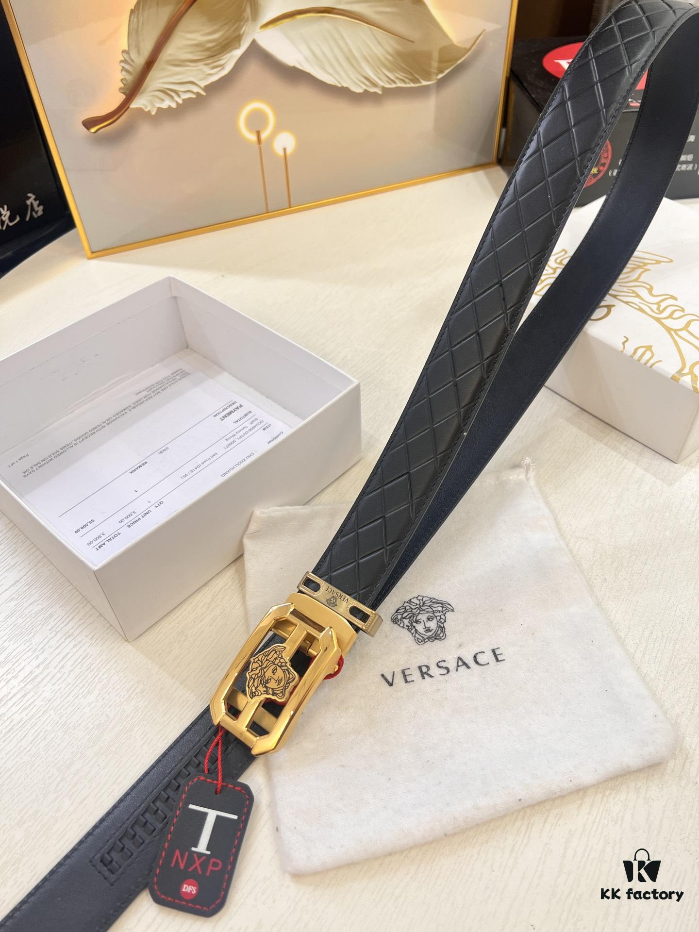 693201c83a89a121ed55087b Versace Automatic Buckle Belt, Premium Cowhide with Medusa Embossing, 3.5cm Width, Top-Quality Business Formal Accessory