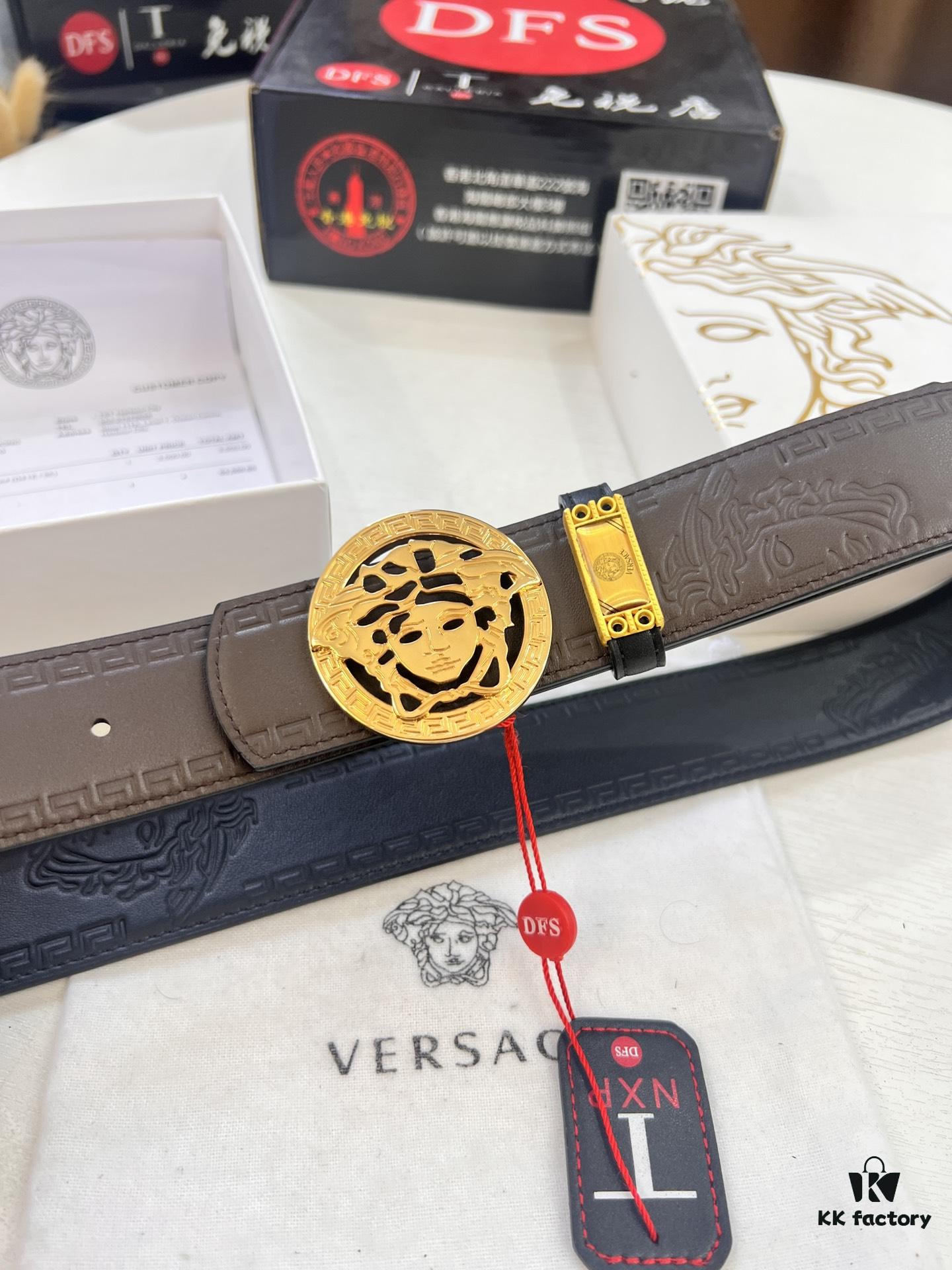 693201c93a89a121ed550886 Versace Belt, New Arrival, Top-Quality Full-Grain Calfskin with Medusa Embossing, Fashionable Dual-Sided Design, Soft Leather Feel, Stainless Steel Hardware, 3.8cm Width