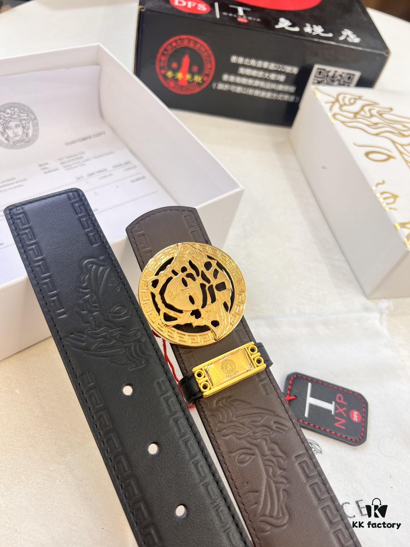 693201c93a89a121ed550887 Versace Belt, New Arrival, Top-Quality Full-Grain Calfskin with Medusa Embossing, Fashionable Dual-Sided Design, Soft Leather Feel, Stainless Steel Hardware, 3.8cm Width