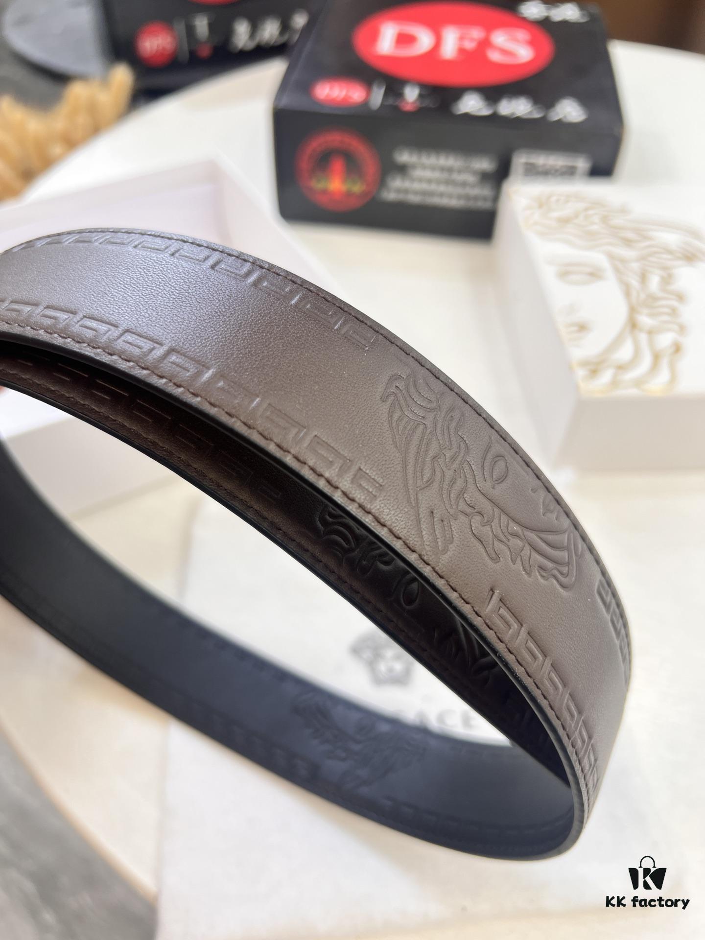 693201c93a89a121ed550888 Versace Belt, New Arrival, Top-Quality Full-Grain Calfskin with Medusa Embossing, Fashionable Dual-Sided Design, Soft Leather Feel, Stainless Steel Hardware, 3.8cm Width
