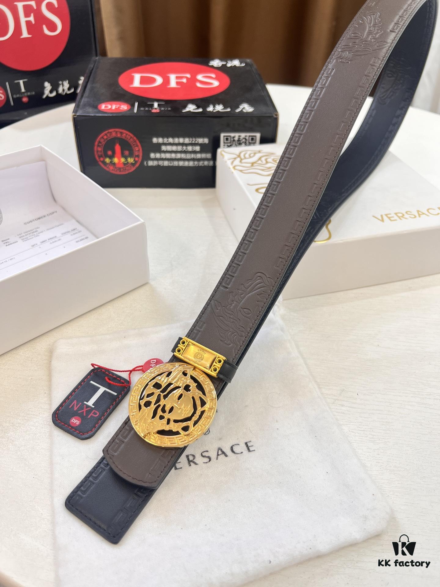 693201c93a89a121ed550889 Versace Belt, New Arrival, Top-Quality Full-Grain Calfskin with Medusa Embossing, Fashionable Dual-Sided Design, Soft Leather Feel, Stainless Steel Hardware, 3.8cm Width