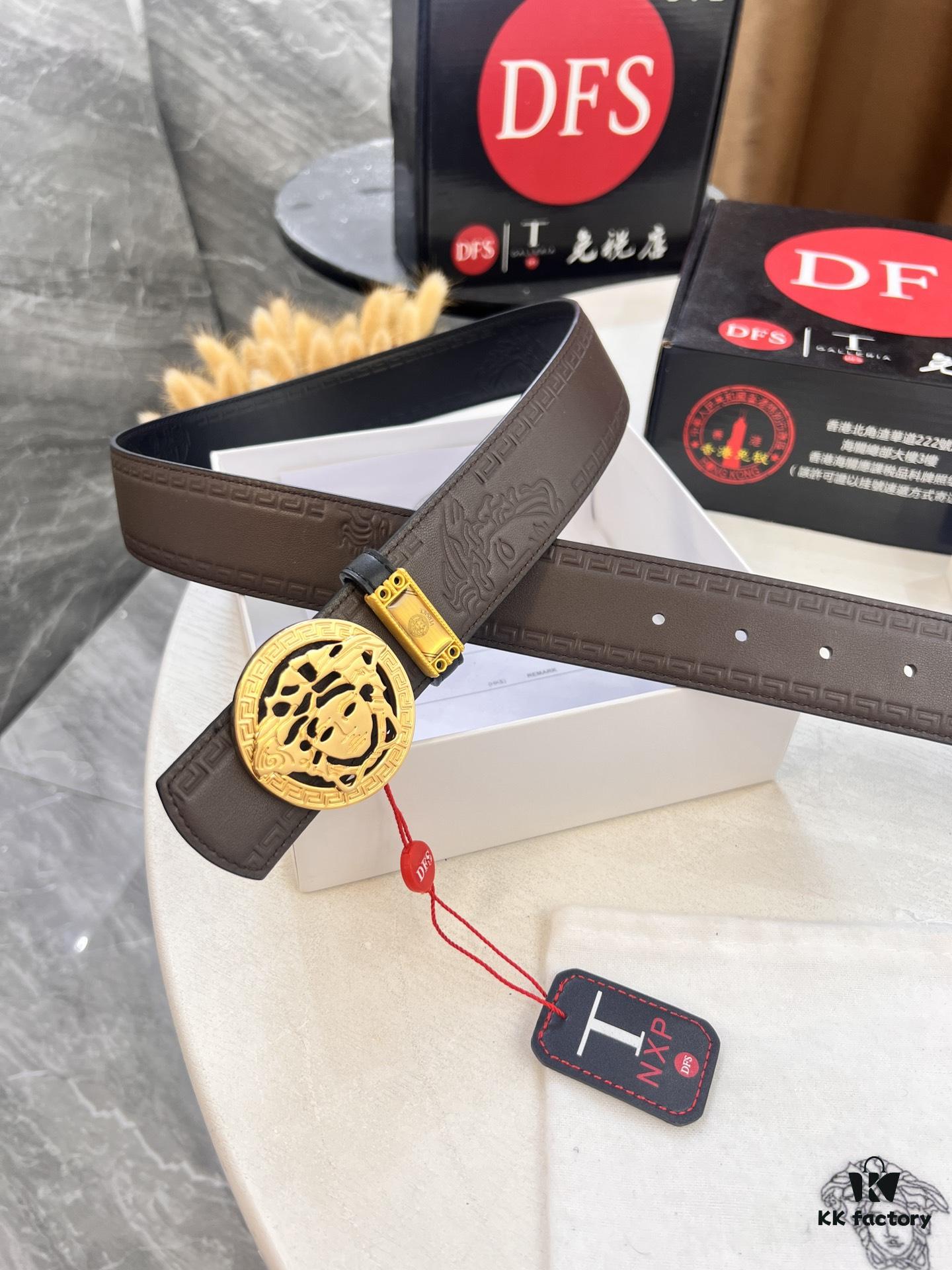 693201c93a89a121ed55088a Versace Belt, New Arrival, Top-Quality Full-Grain Calfskin with Medusa Embossing, Fashionable Dual-Sided Design, Soft Leather Feel, Stainless Steel Hardware, 3.8cm Width