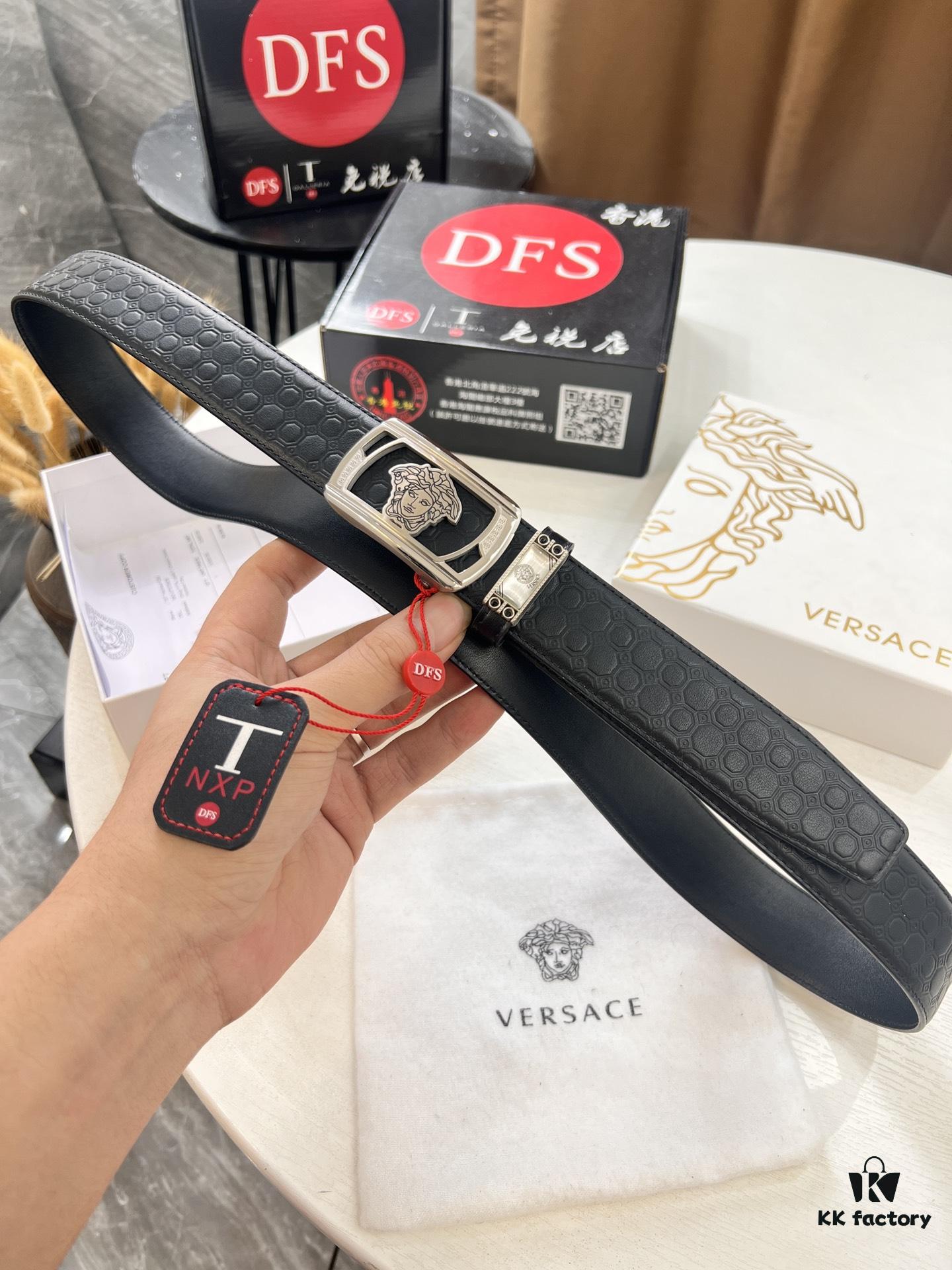 693201ca3a89a121ed55088d Versace Automatic Buckle Belt, Custom Embossed Top-Grade Imported Calfskin, Fine Grain Leather with Wax Thread Stitching, 3.5cm Width, Premium Business Formal Belt